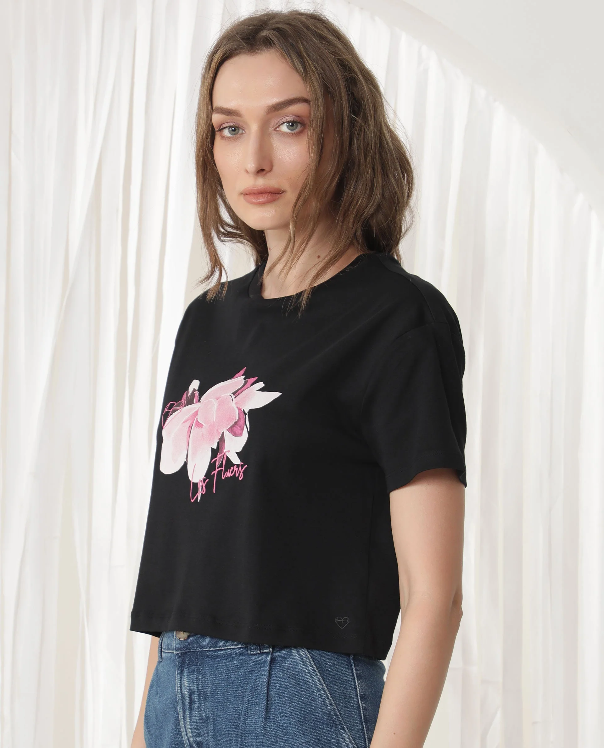 Rareism Women's Ictor Black Cotton Crew Neck Graphic Print Regular Fit T-Shirt - Image 8