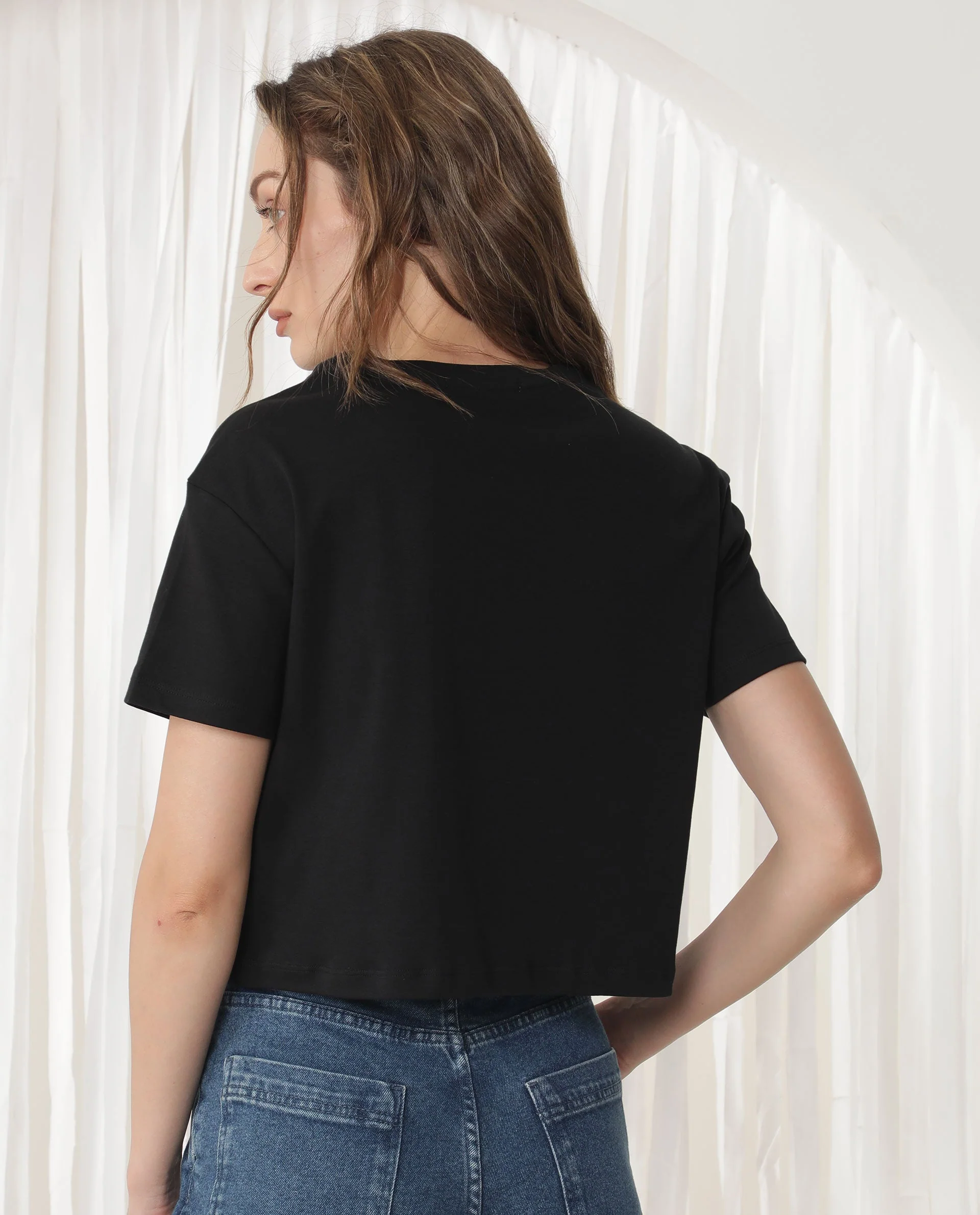 Rareism Women's Ictor Black Cotton Crew Neck Graphic Print Regular Fit T-Shirt - Image 9