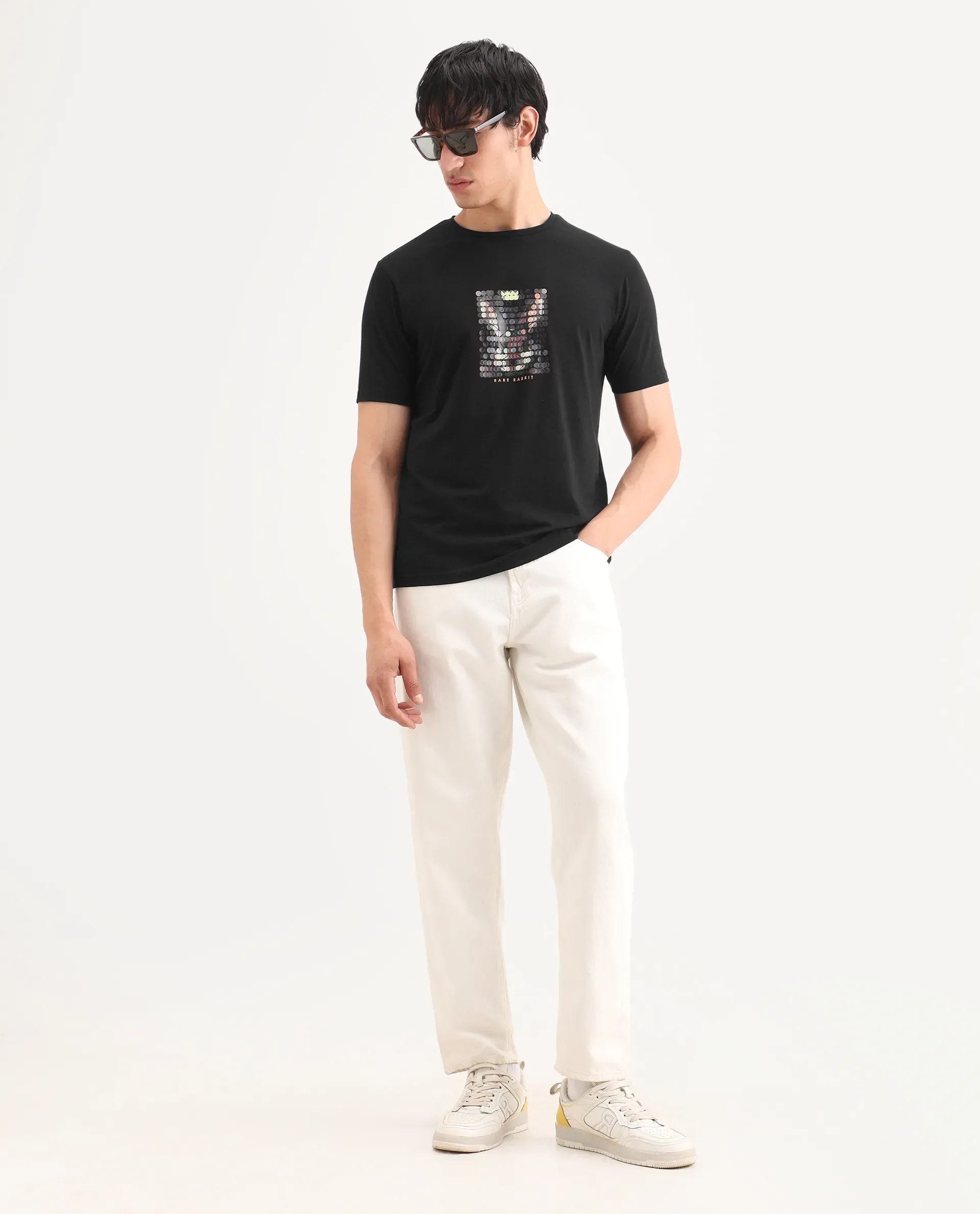Rare Rabbit Men's Icy Black Cotton Blend Fabric Half Sleeve Crew Neck Regular Fit Graphic Print T-Shirt - Image 2