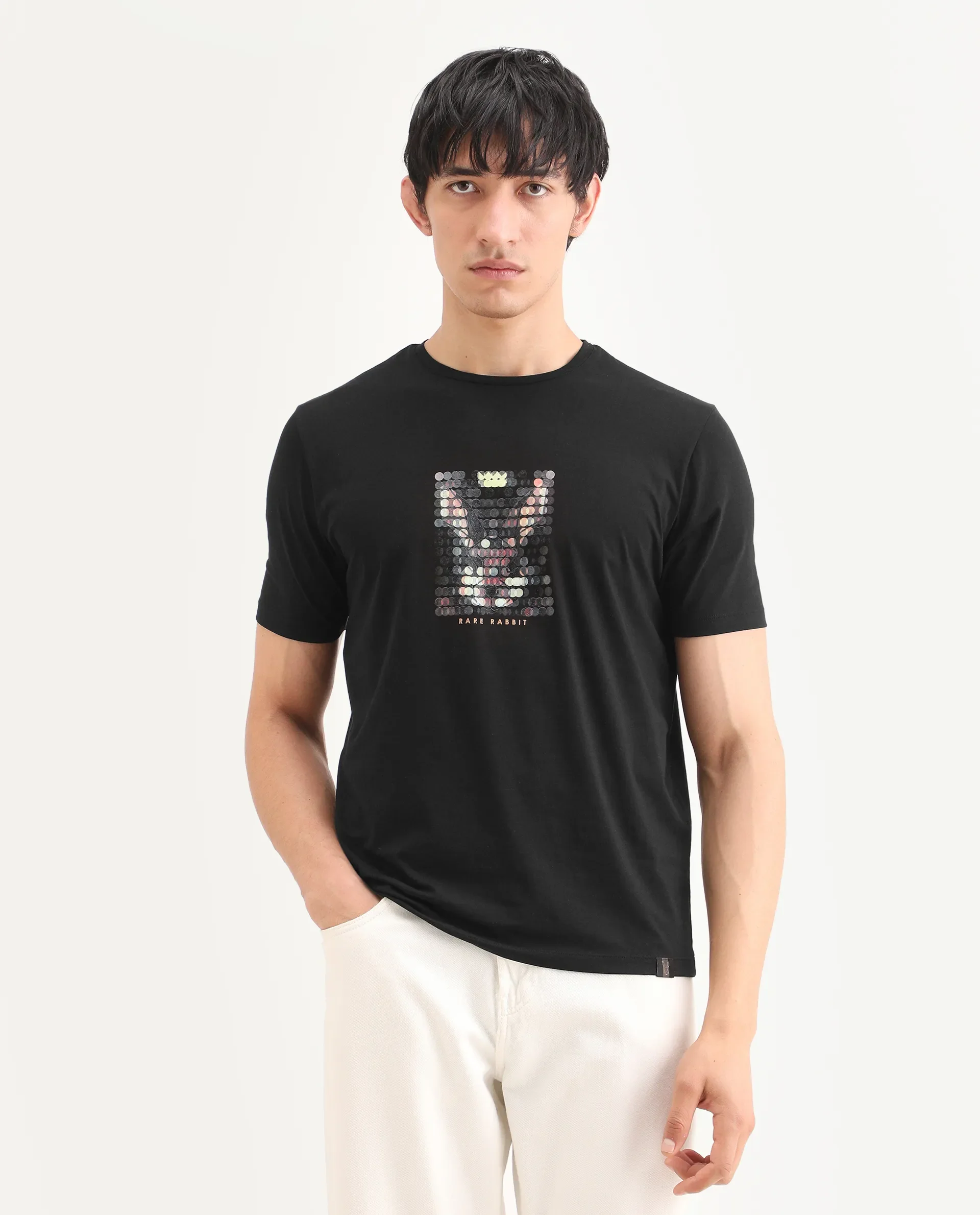 Rare Rabbit Men's Icy Black Cotton Blend Fabric Half Sleeve Crew Neck Regular Fit Graphic Print T-Shirt - Image 3