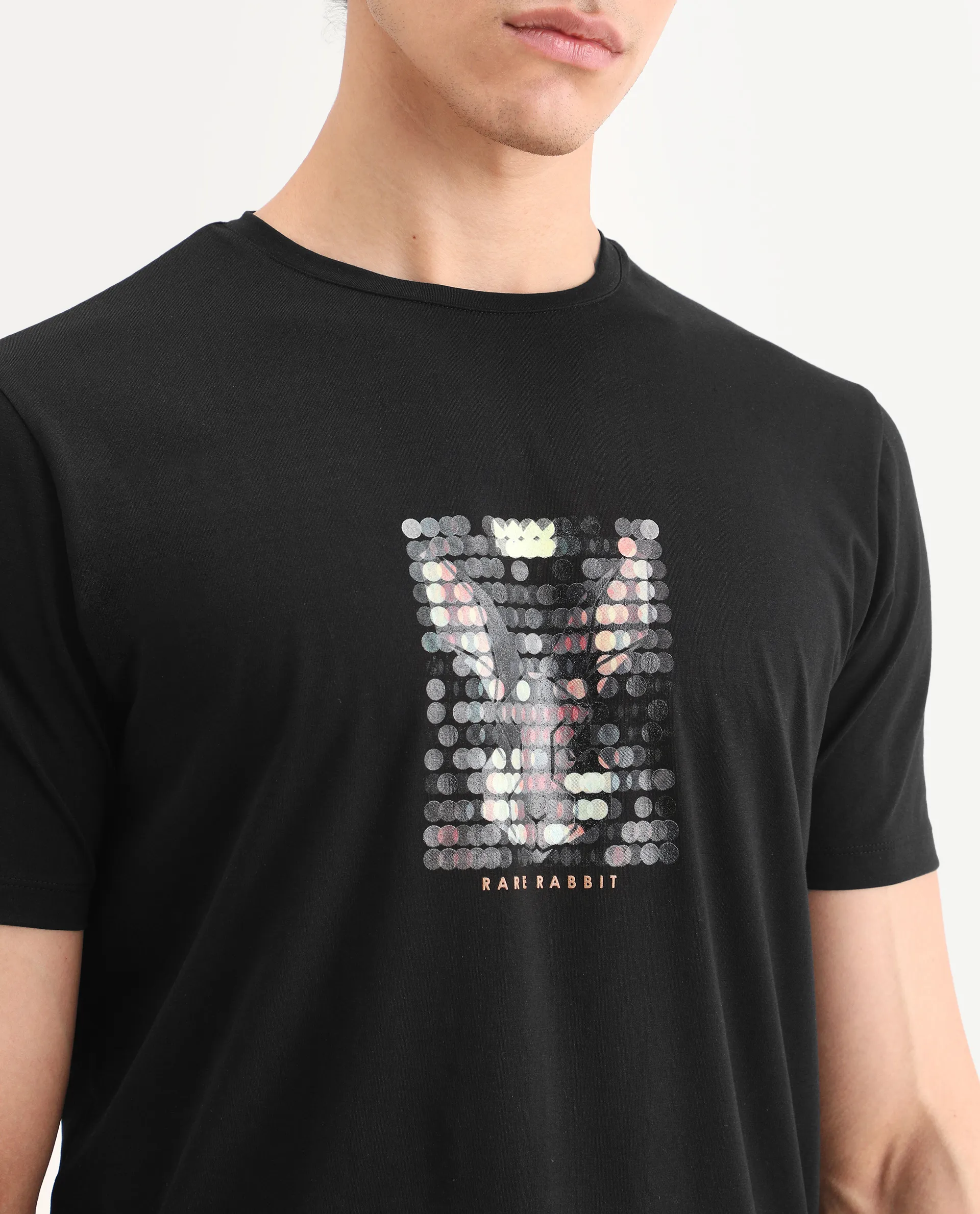 Rare Rabbit Men's Icy Black Cotton Blend Fabric Half Sleeve Crew Neck Regular Fit Graphic Print T-Shirt - Image 4