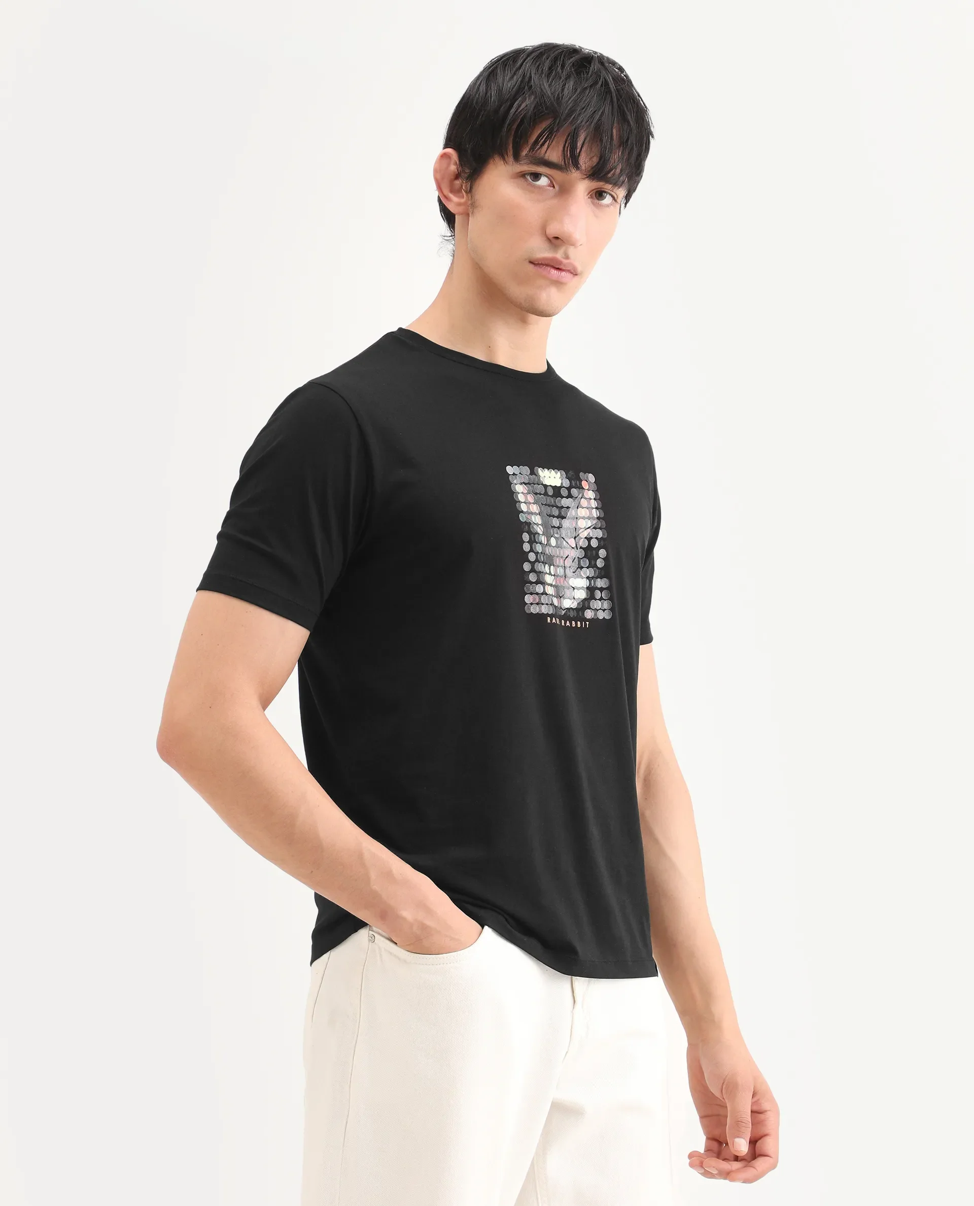 Rare Rabbit Men's Icy Black Cotton Blend Fabric Half Sleeve Crew Neck Regular Fit Graphic Print T-Shirt - Image 5