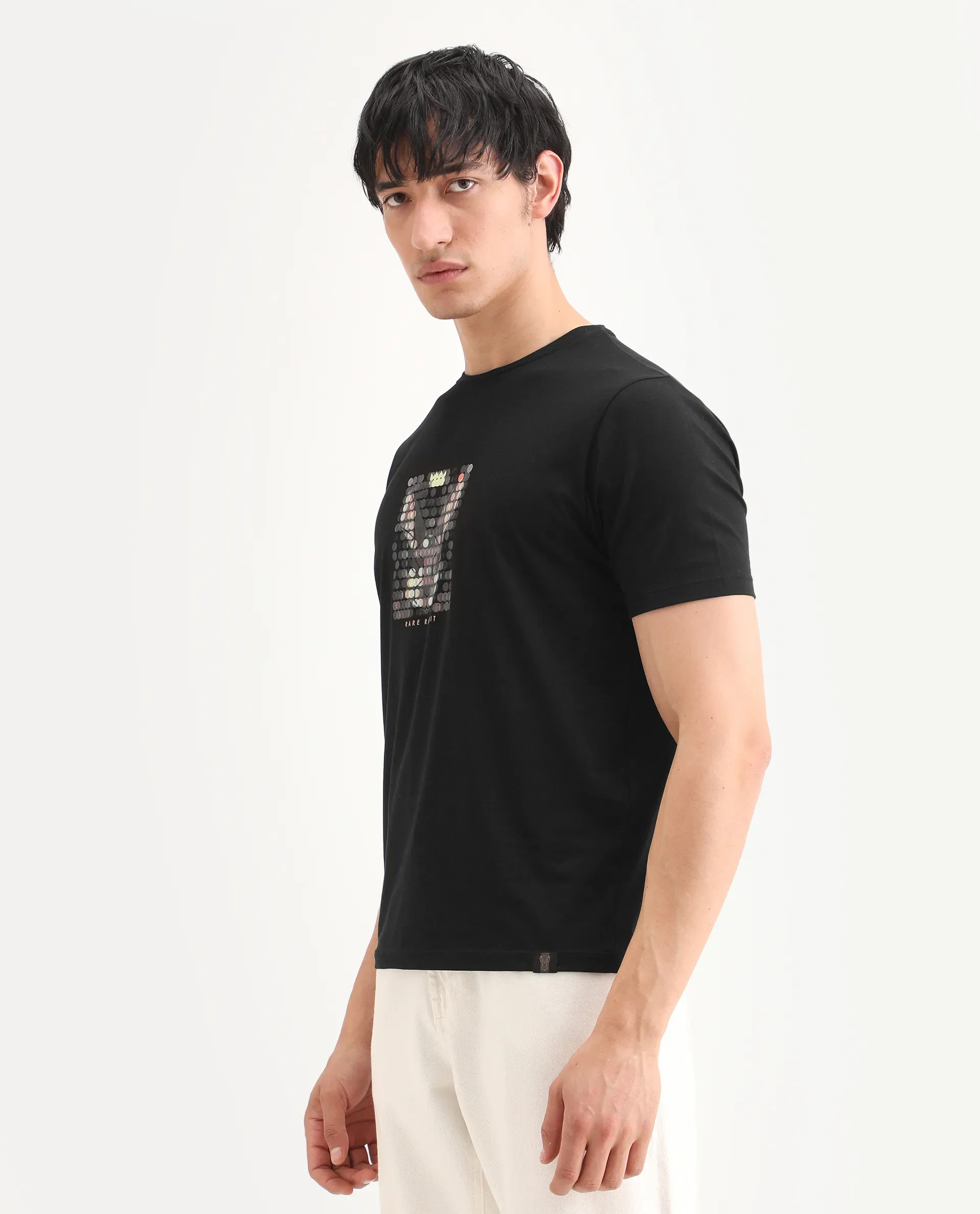 Rare Rabbit Men's Icy Black Cotton Blend Fabric Half Sleeve Crew Neck Regular Fit Graphic Print T-Shirt - Image 6