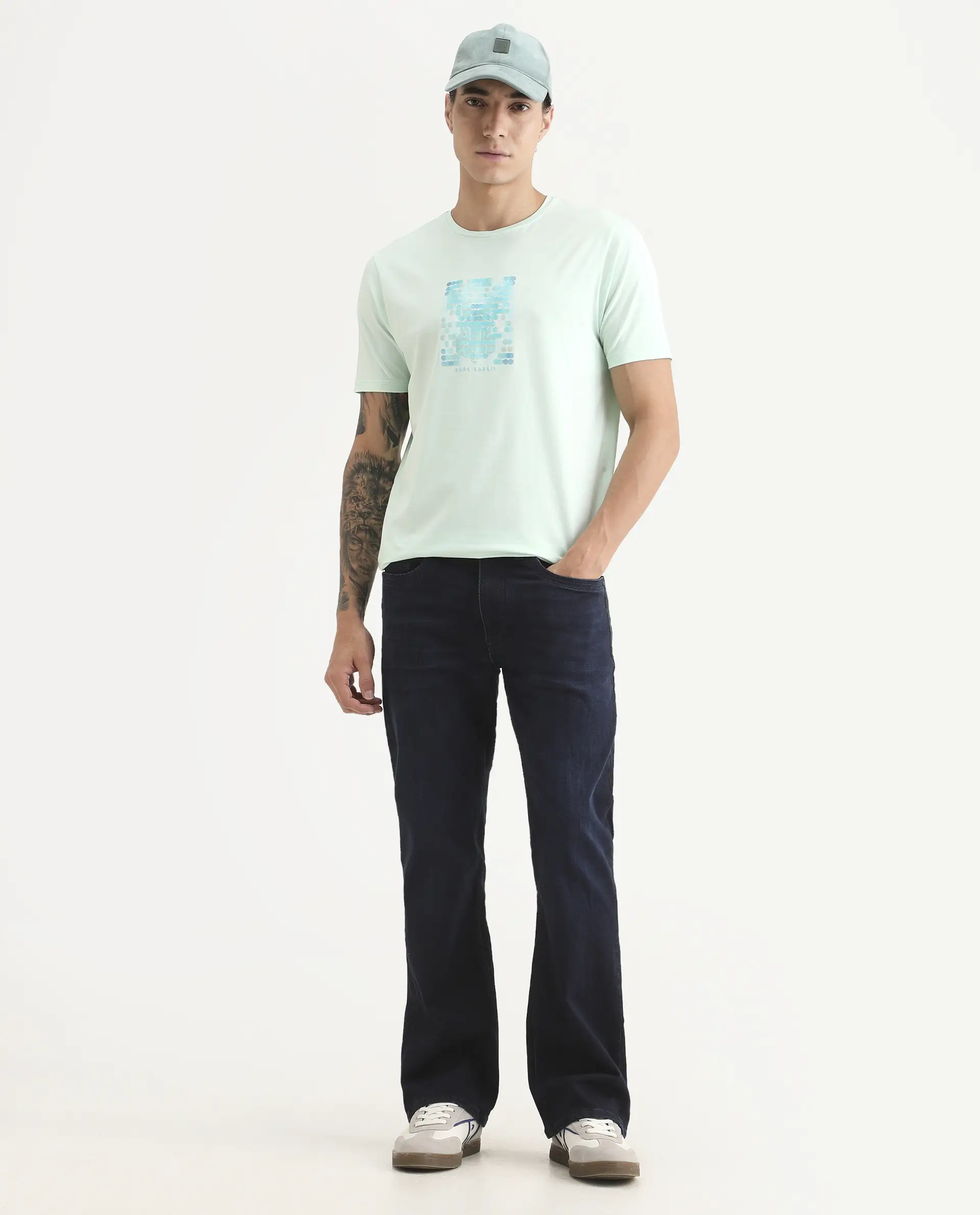 Rare Rabbit Men's Icy Pastel Green Cotton Blend Fabric Half Sleeve Crew Neck Regular Fit Graphic Print T-Shirt - Image 2