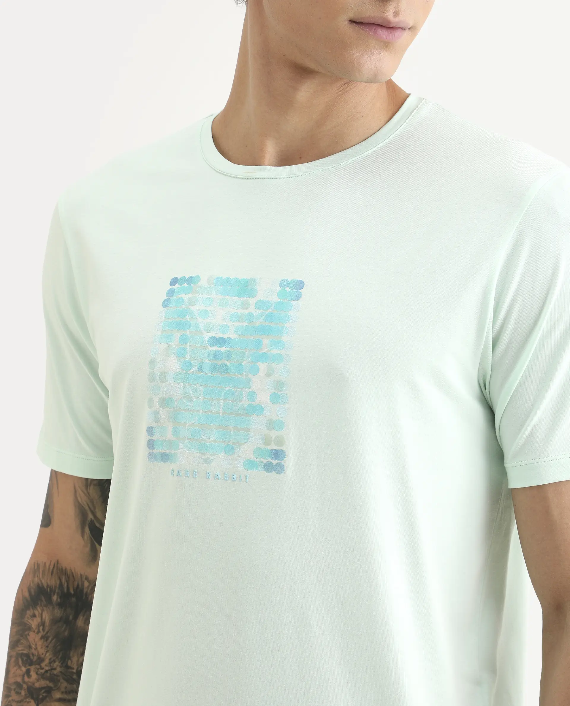 Rare Rabbit Men's Icy Pastel Green Cotton Blend Fabric Half Sleeve Crew Neck Regular Fit Graphic Print T-Shirt - Image 3