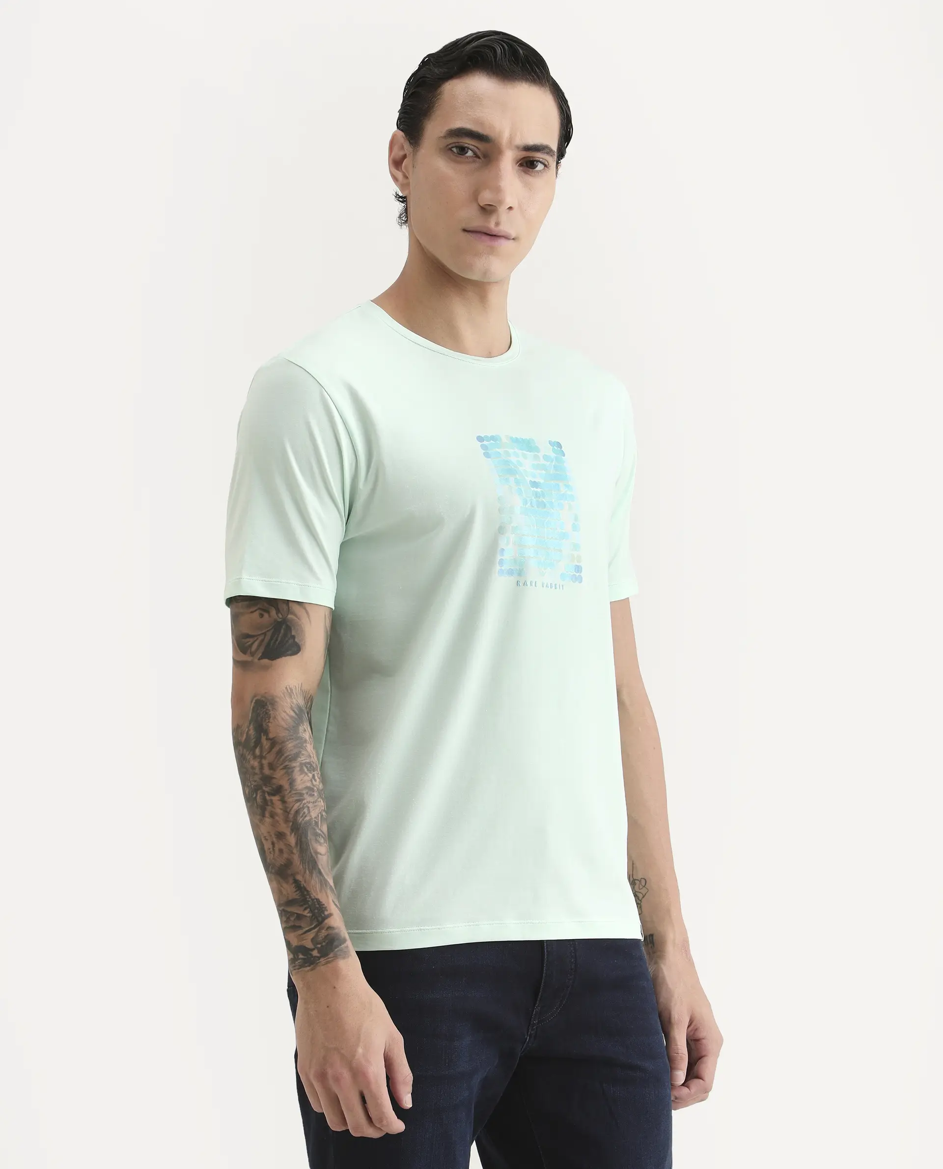 Rare Rabbit Men's Icy Pastel Green Cotton Blend Fabric Half Sleeve Crew Neck Regular Fit Graphic Print T-Shirt - Image 4