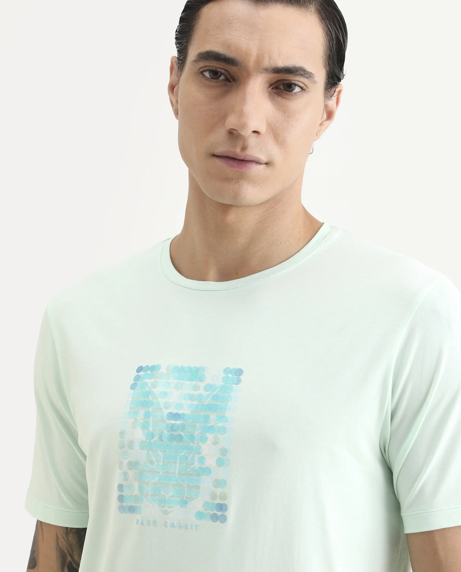 Rare Rabbit Men's Icy Pastel Green Cotton Blend Fabric Half Sleeve Crew Neck Regular Fit Graphic Print T-Shirt - Image 5