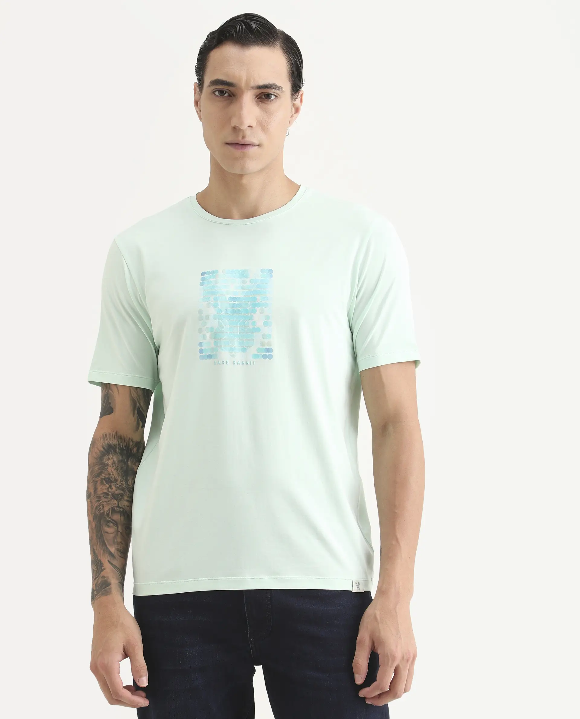 Rare Rabbit Men's Icy Pastel Green Cotton Blend Fabric Half Sleeve Crew Neck Regular Fit Graphic Print T-Shirt - Image 6
