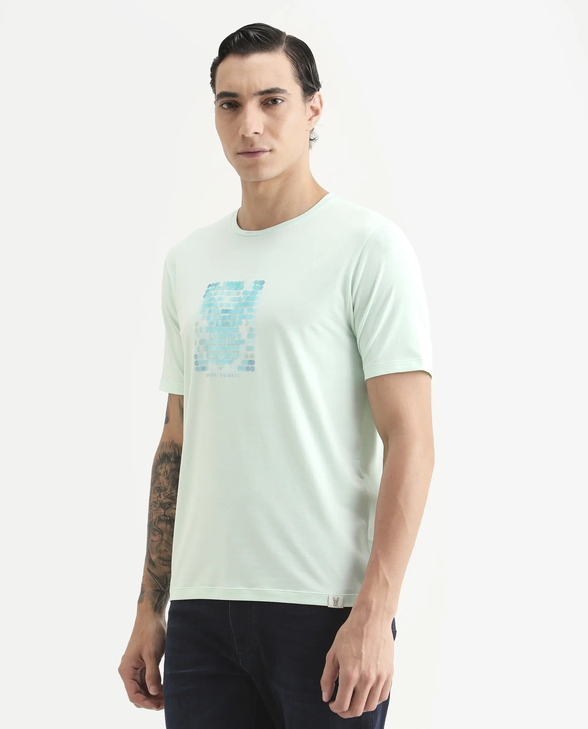 Rare Rabbit Men's Icy Pastel Green Cotton Blend Fabric Half Sleeve Crew Neck Regular Fit Graphic Print T-Shirt - Image 7
