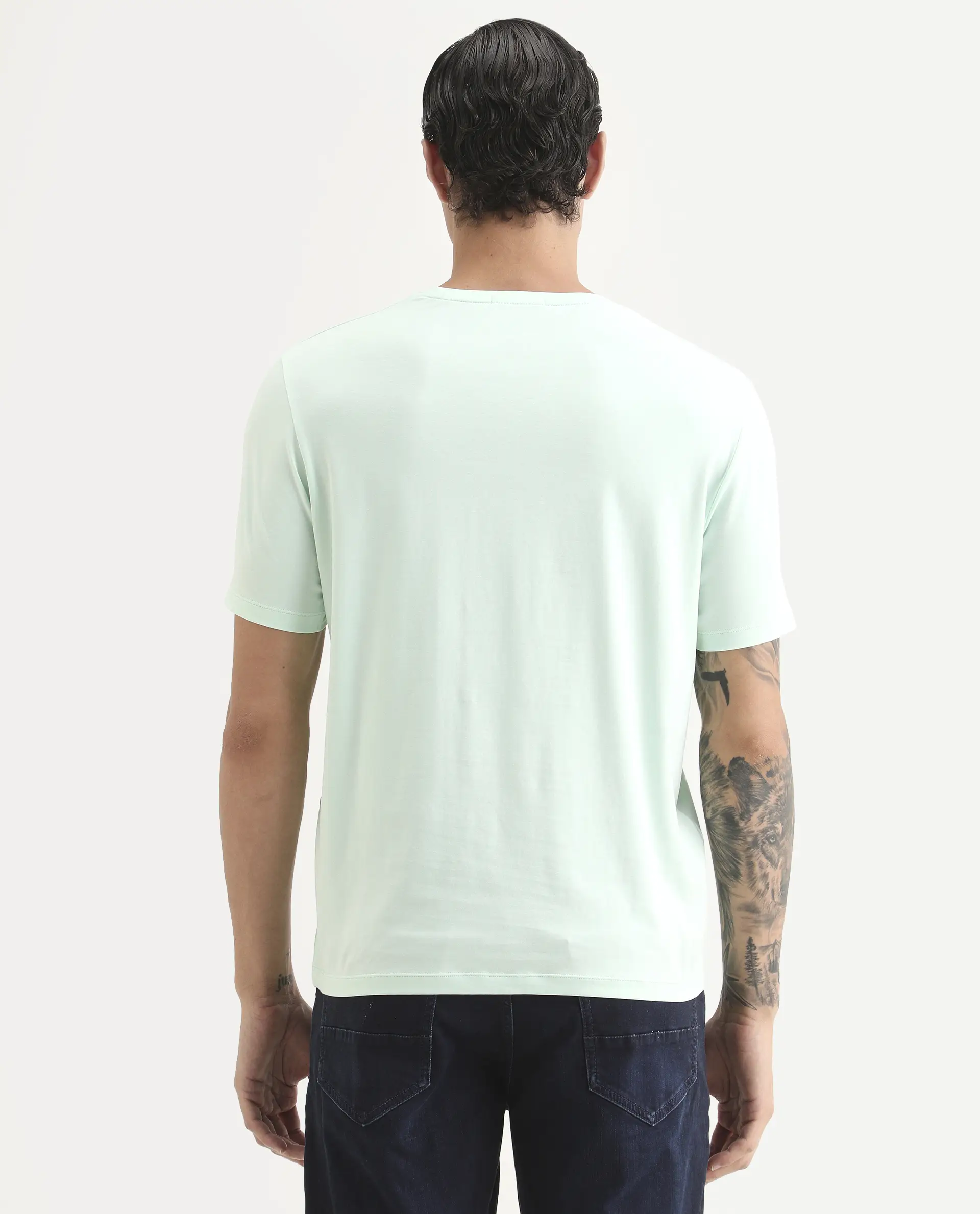 Rare Rabbit Men's Icy Pastel Green Cotton Blend Fabric Half Sleeve Crew Neck Regular Fit Graphic Print T-Shirt - Image 8