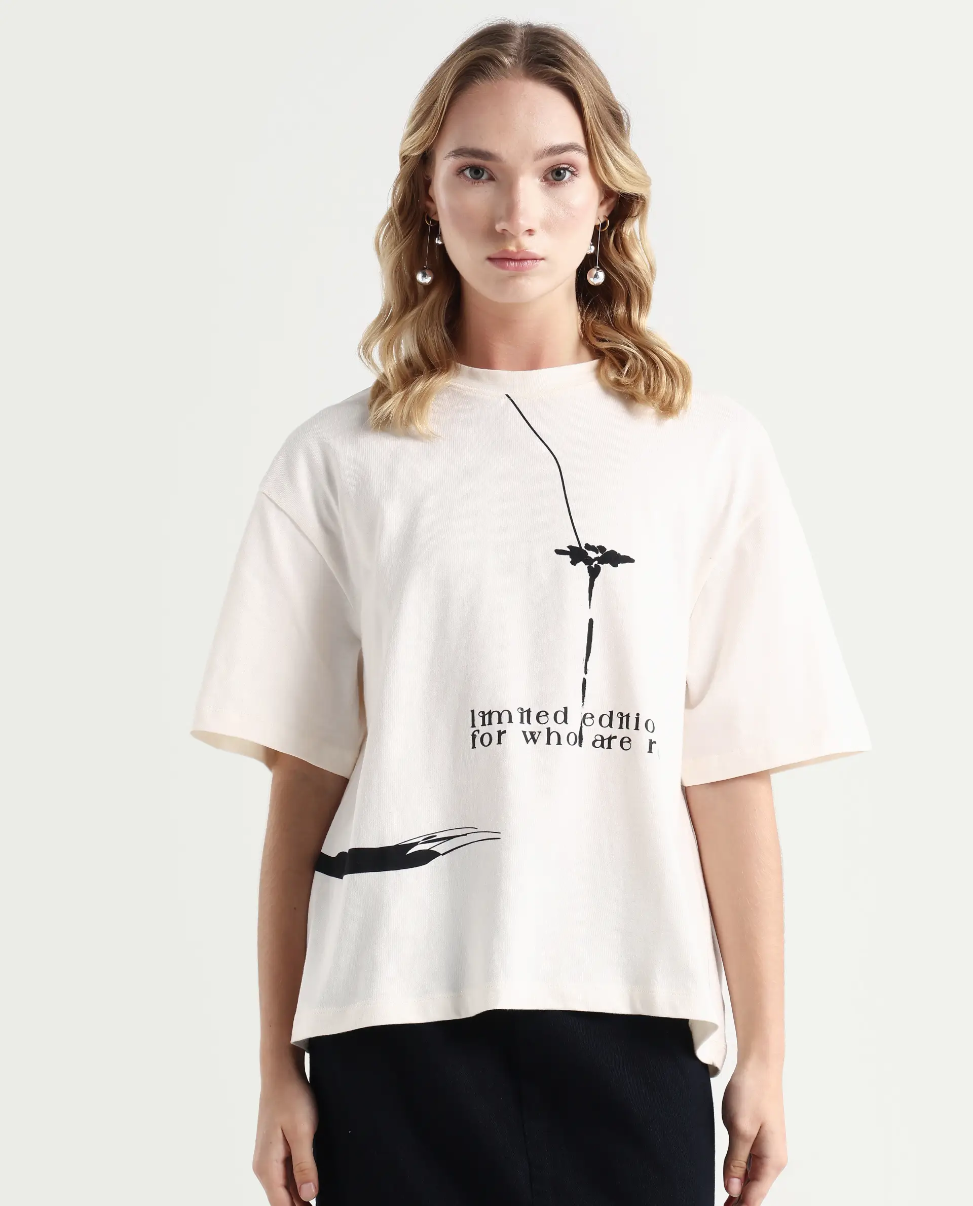 Rareism Women's Ida Off White Cotton Blend Crew Neck Graphic Print Relaxed Fit T-Shirt - Image 3