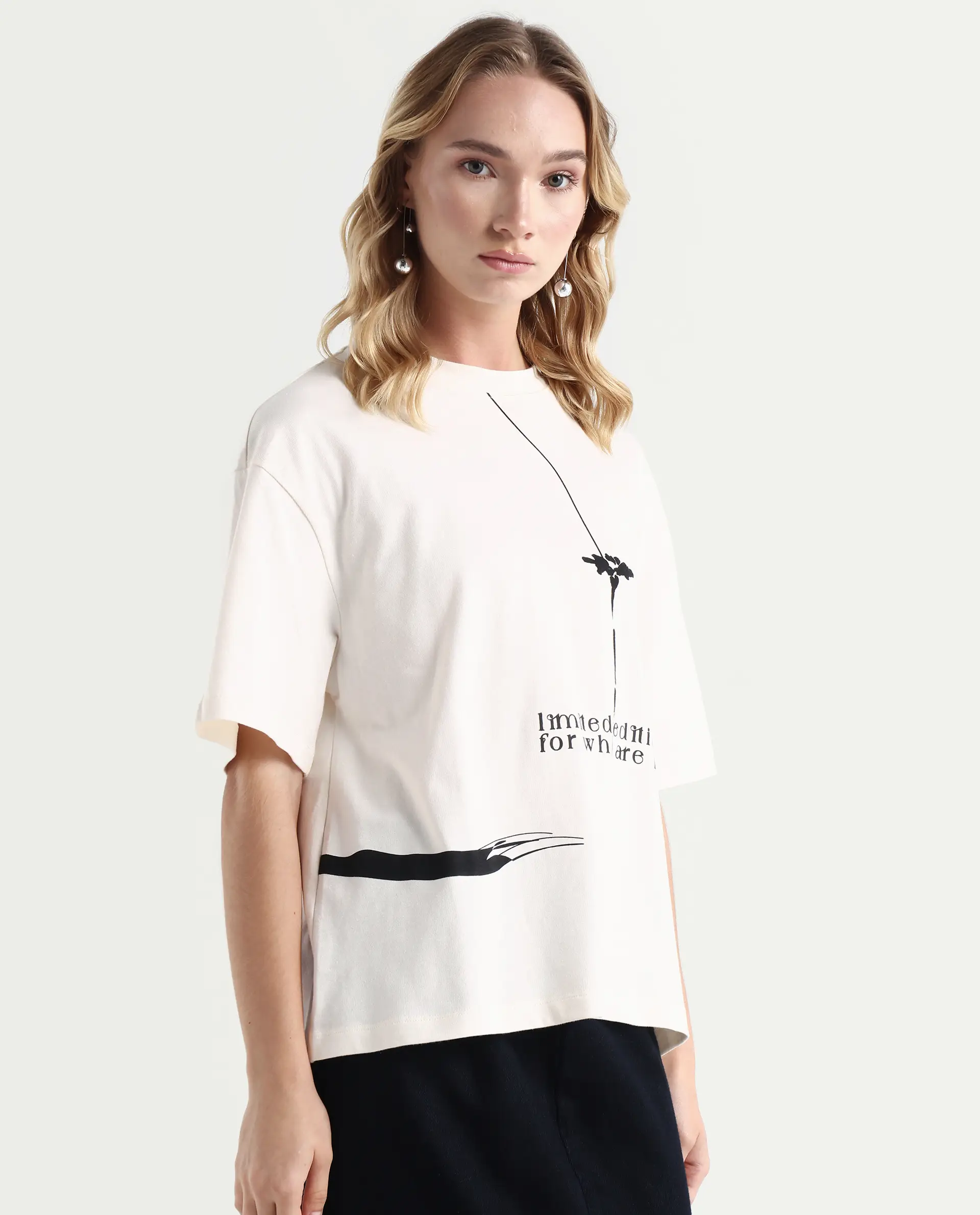 Rareism Women's Ida Off White Cotton Blend Crew Neck Graphic Print Relaxed Fit T-Shirt - Image 6