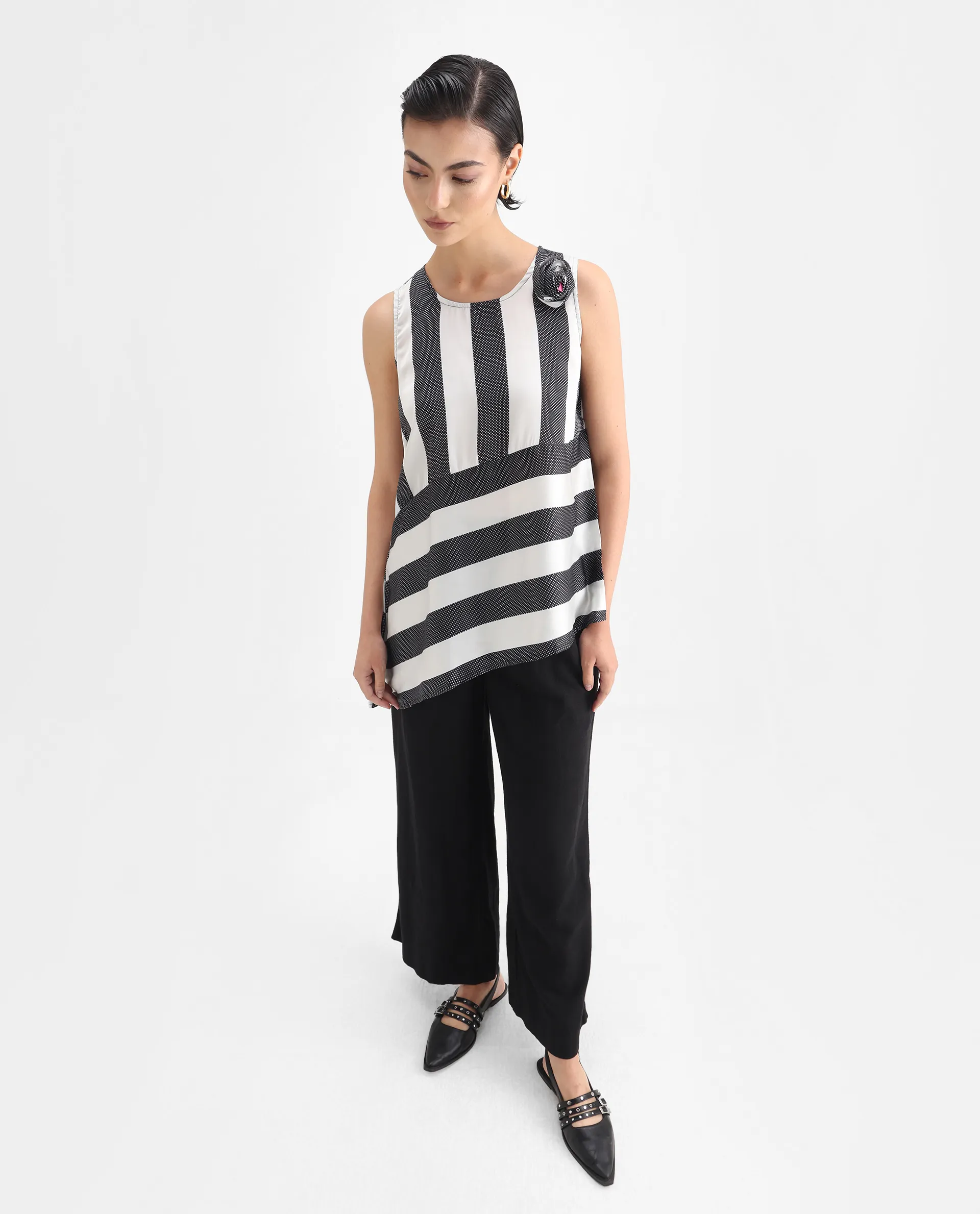 Rareism Women's Idaho - White Polyester Boat Neck Striped Sleeveless Regular Fit Top - Image 2
