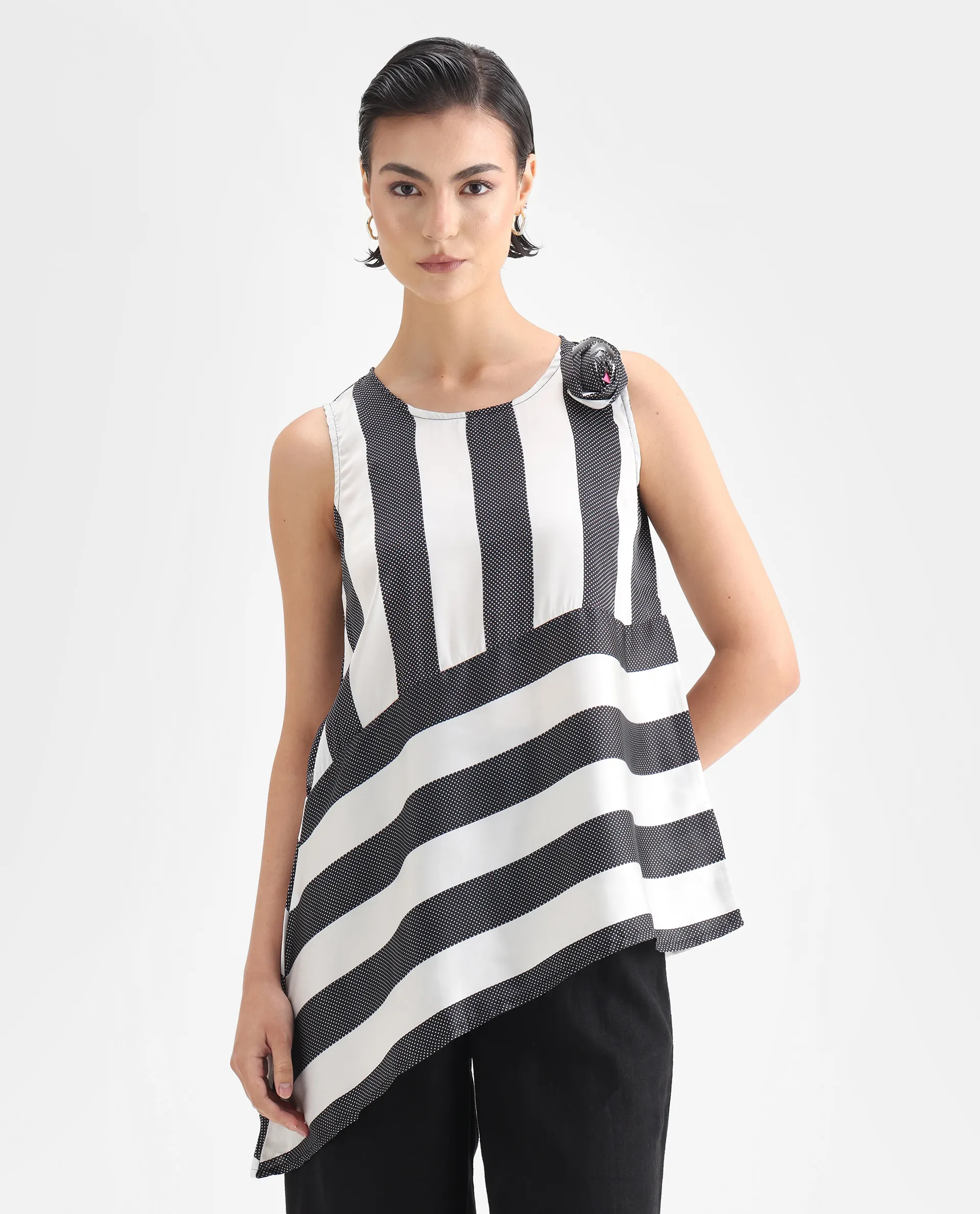 Rareism Women's Idaho - White Polyester Boat Neck Striped Sleeveless Regular Fit Top - Image 3