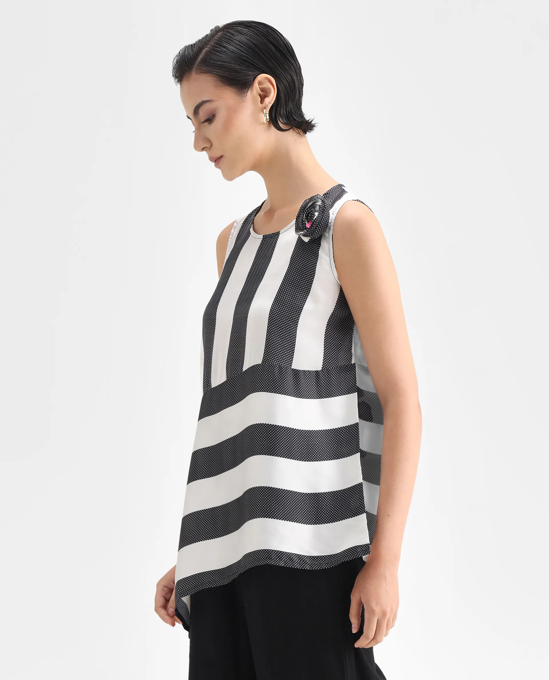 Rareism Women's Idaho - White Polyester Boat Neck Striped Sleeveless Regular Fit Top - Image 5