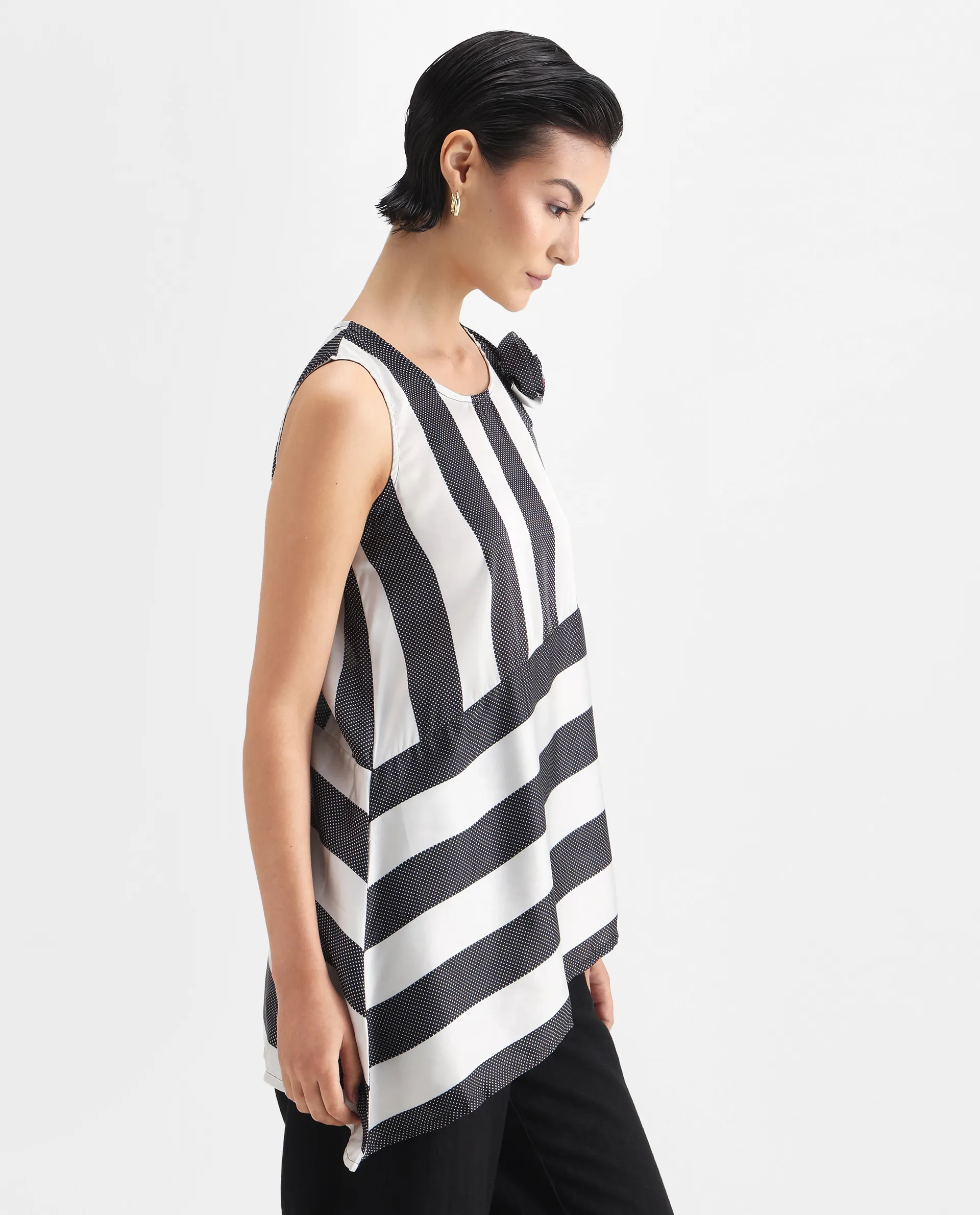 Rareism Women's Idaho - White Polyester Boat Neck Striped Sleeveless Regular Fit Top - Image 6