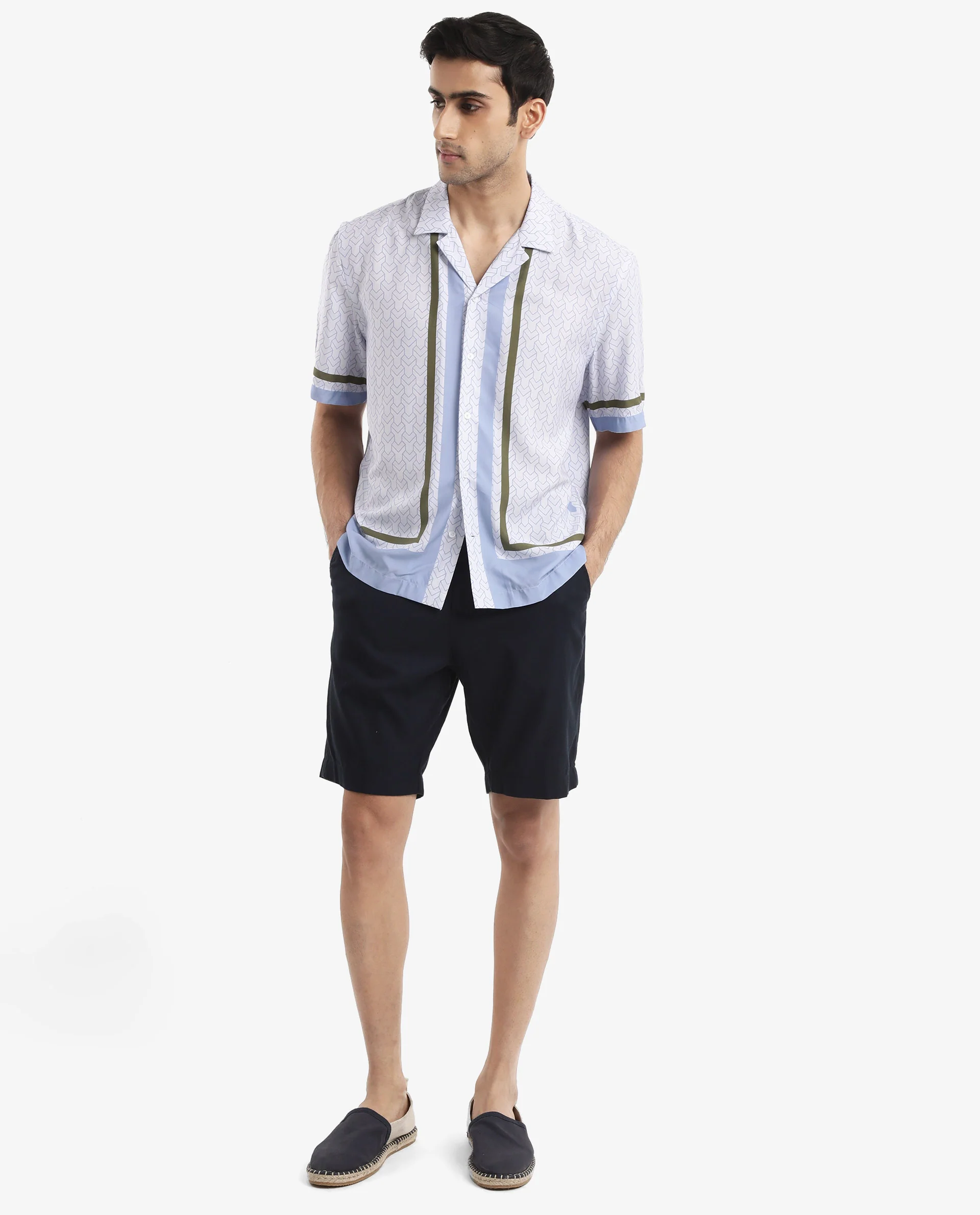 Rare Rabbit Men's Idir Dusky Blue Viscose Monogram Print Boxy Fit Half Sleeve Cuban Collar Shirt - Image 2