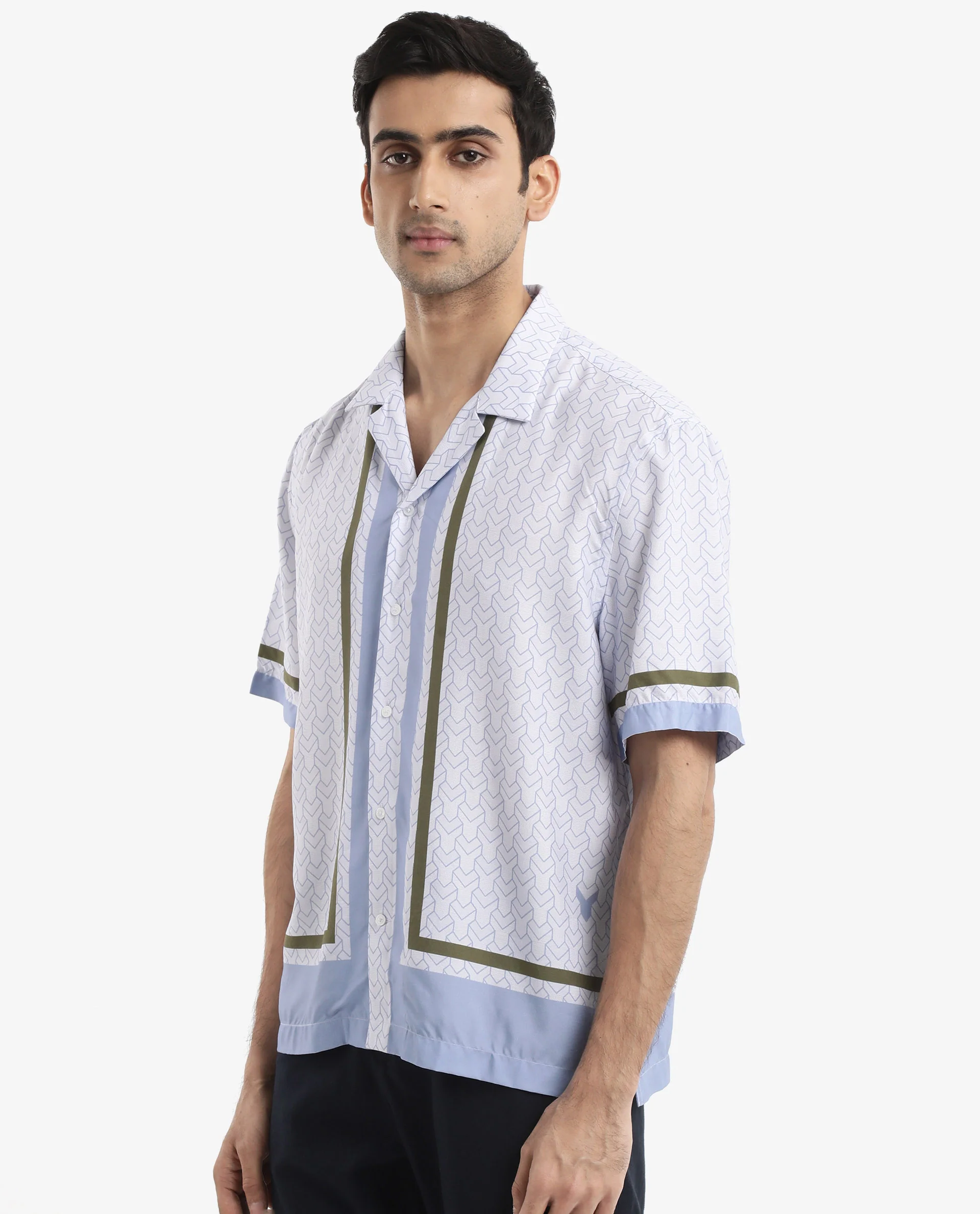 Rare Rabbit Men's Idir Dusky Blue Viscose Monogram Print Boxy Fit Half Sleeve Cuban Collar Shirt - Image 3