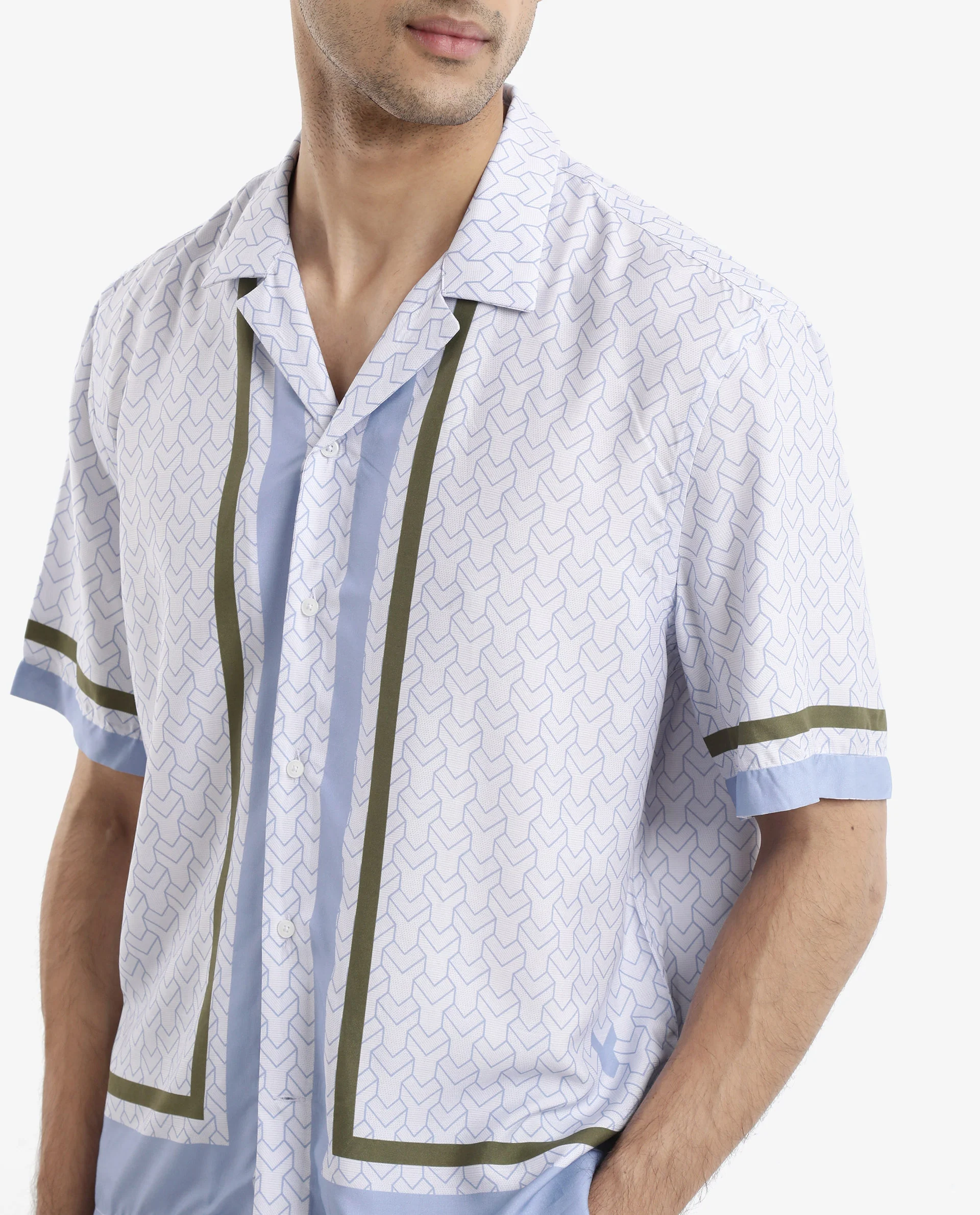 Rare Rabbit Men's Idir Dusky Blue Viscose Monogram Print Boxy Fit Half Sleeve Cuban Collar Shirt - Image 4