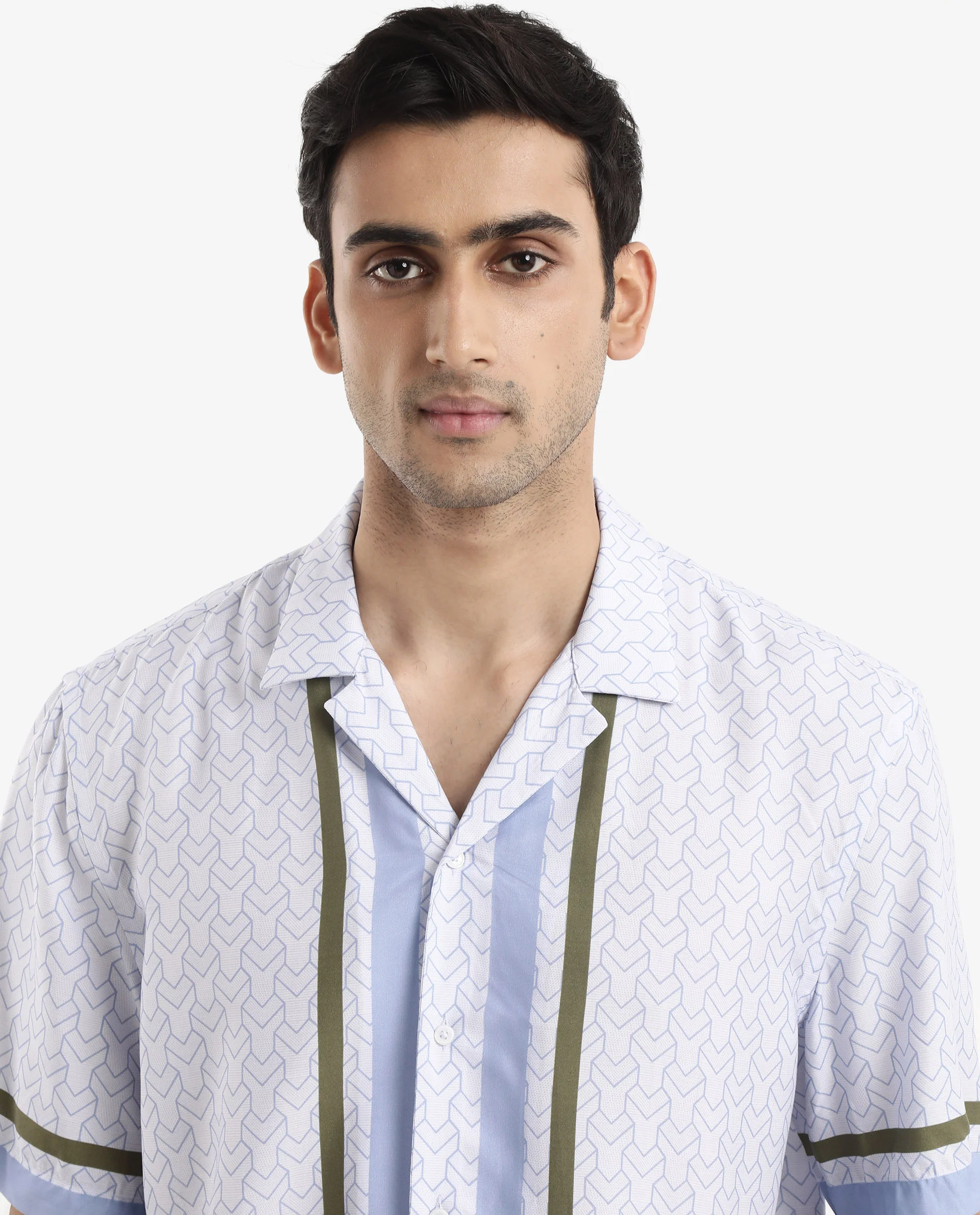 Rare Rabbit Men's Idir Dusky Blue Viscose Monogram Print Boxy Fit Half Sleeve Cuban Collar Shirt - Image 5