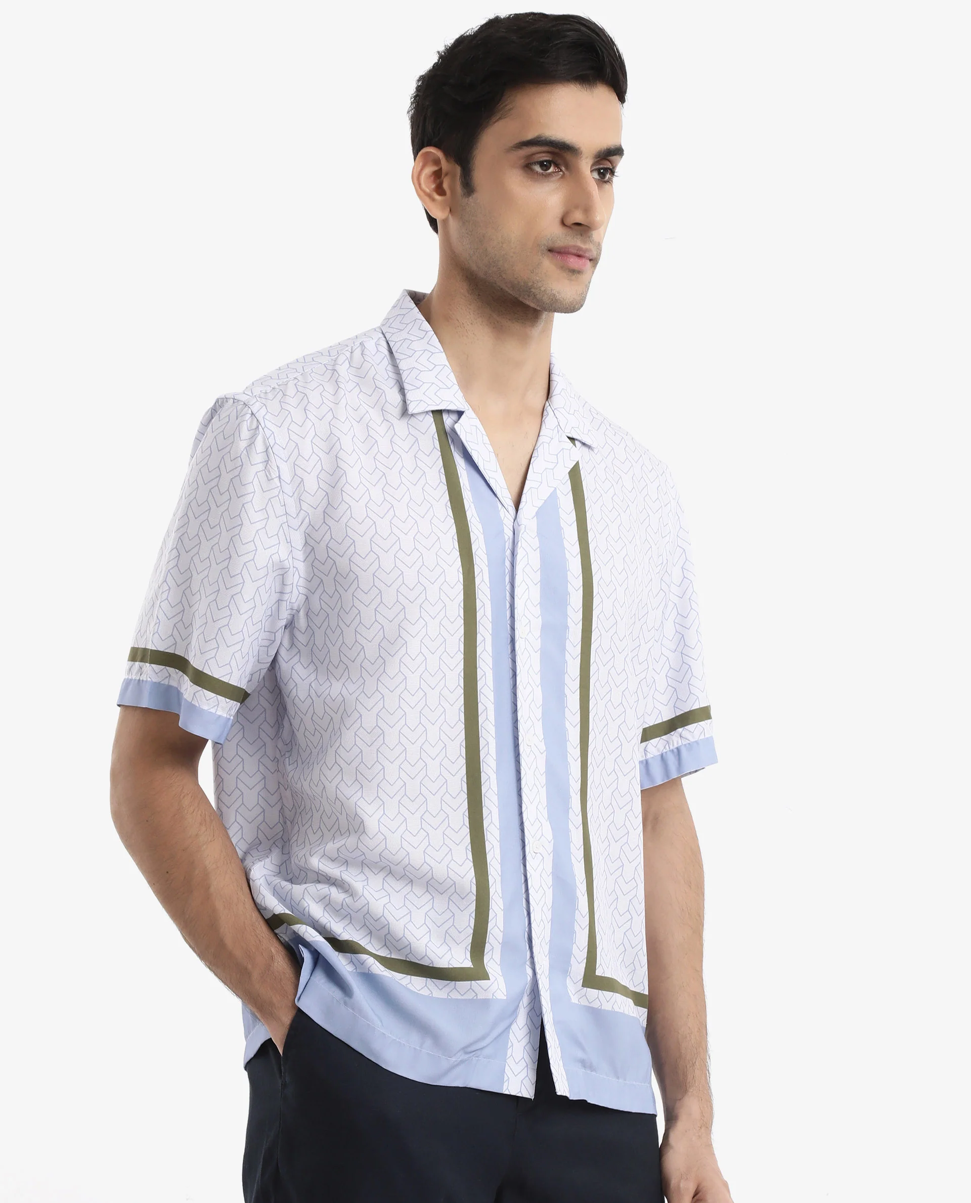 Rare Rabbit Men's Idir Dusky Blue Viscose Monogram Print Boxy Fit Half Sleeve Cuban Collar Shirt - Image 6