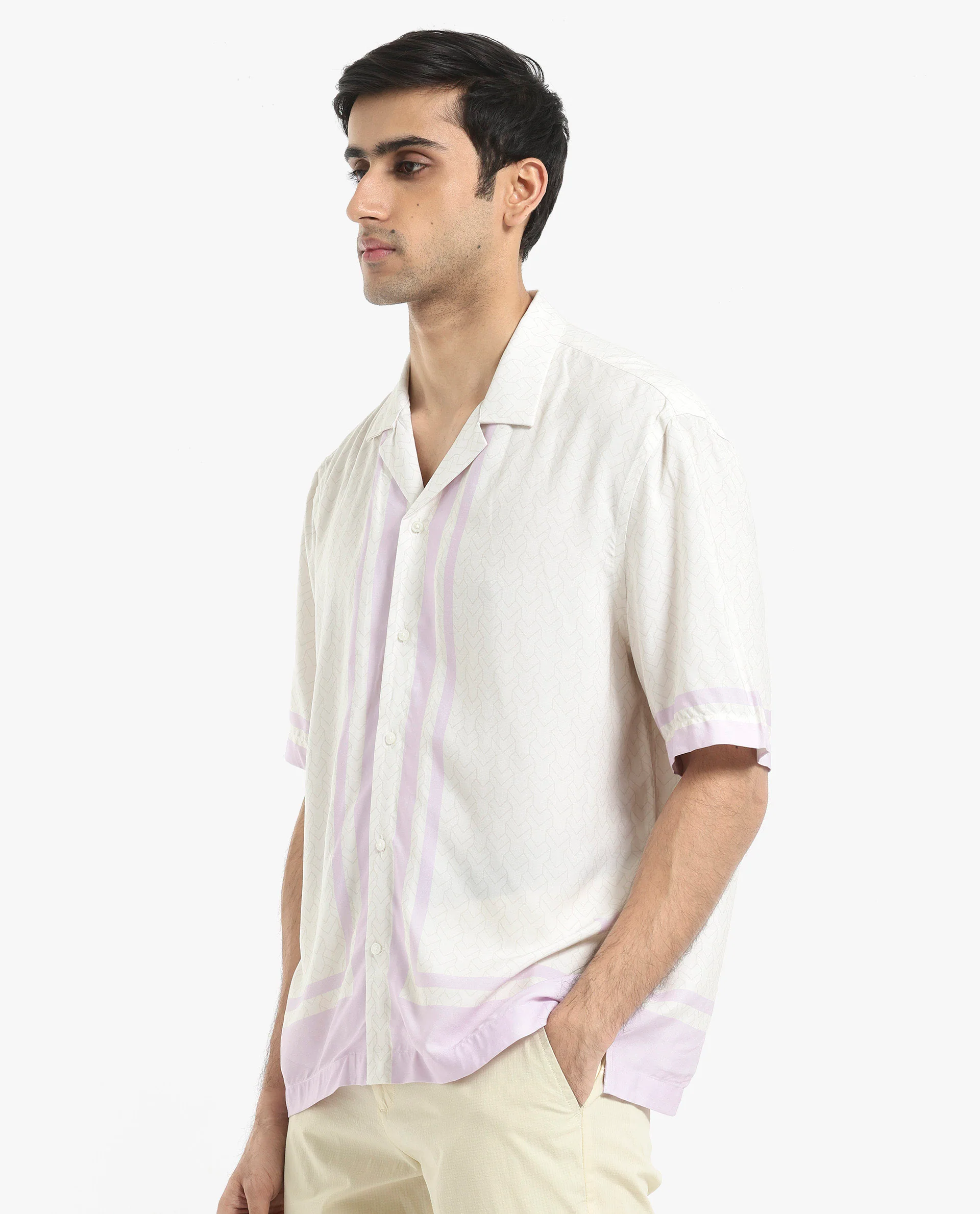 Rare Rabbit Men's Idir Off White Viscose Monogram Print Boxy Fit Half Sleeve Cuban Collar Shirt - Image 3