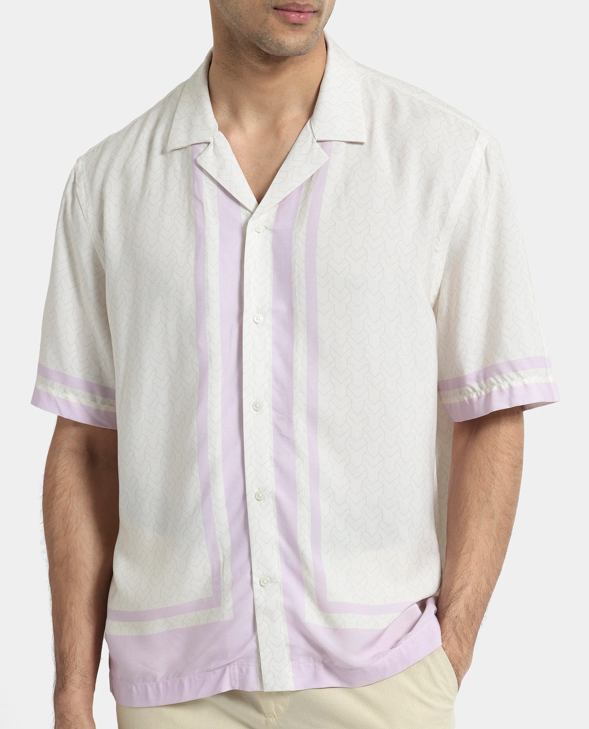 Rare Rabbit Men's Idir Off White Viscose Monogram Print Boxy Fit Half Sleeve Cuban Collar Shirt - Image 4