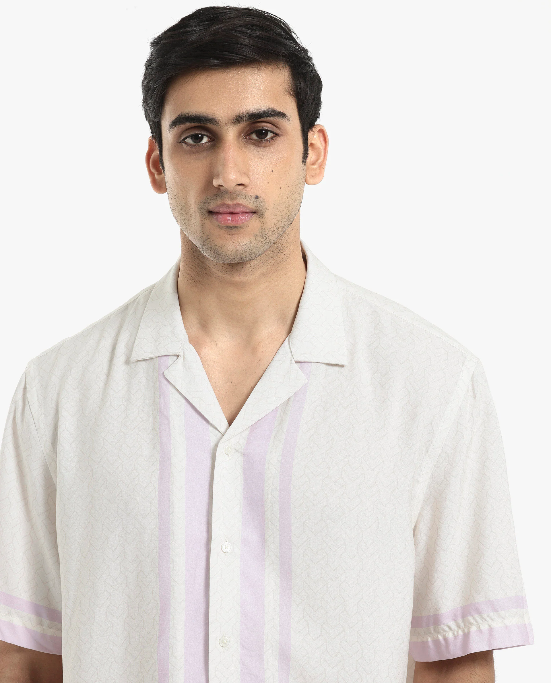 Rare Rabbit Men's Idir Off White Viscose Monogram Print Boxy Fit Half Sleeve Cuban Collar Shirt - Image 5