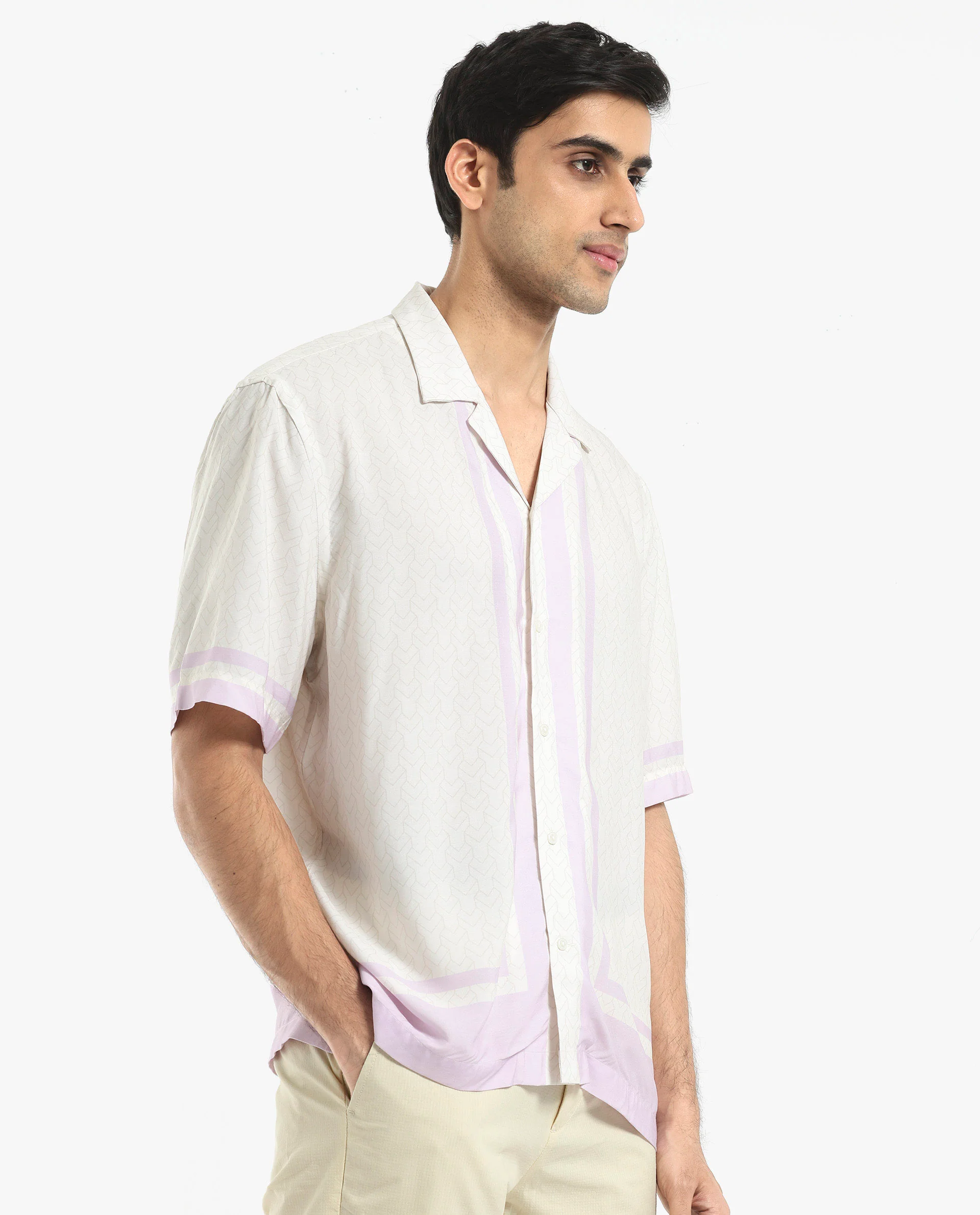 Rare Rabbit Men's Idir Off White Viscose Monogram Print Boxy Fit Half Sleeve Cuban Collar Shirt - Image 6