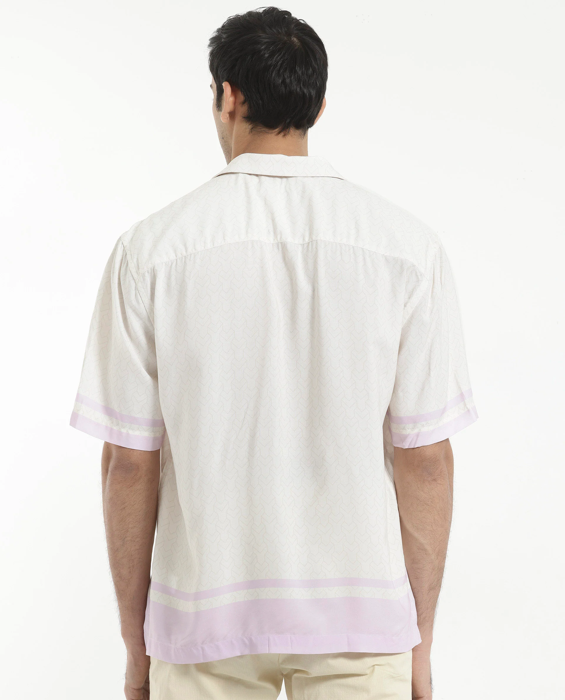 Rare Rabbit Men's Idir Off White Viscose Monogram Print Boxy Fit Half Sleeve Cuban Collar Shirt - Image 7