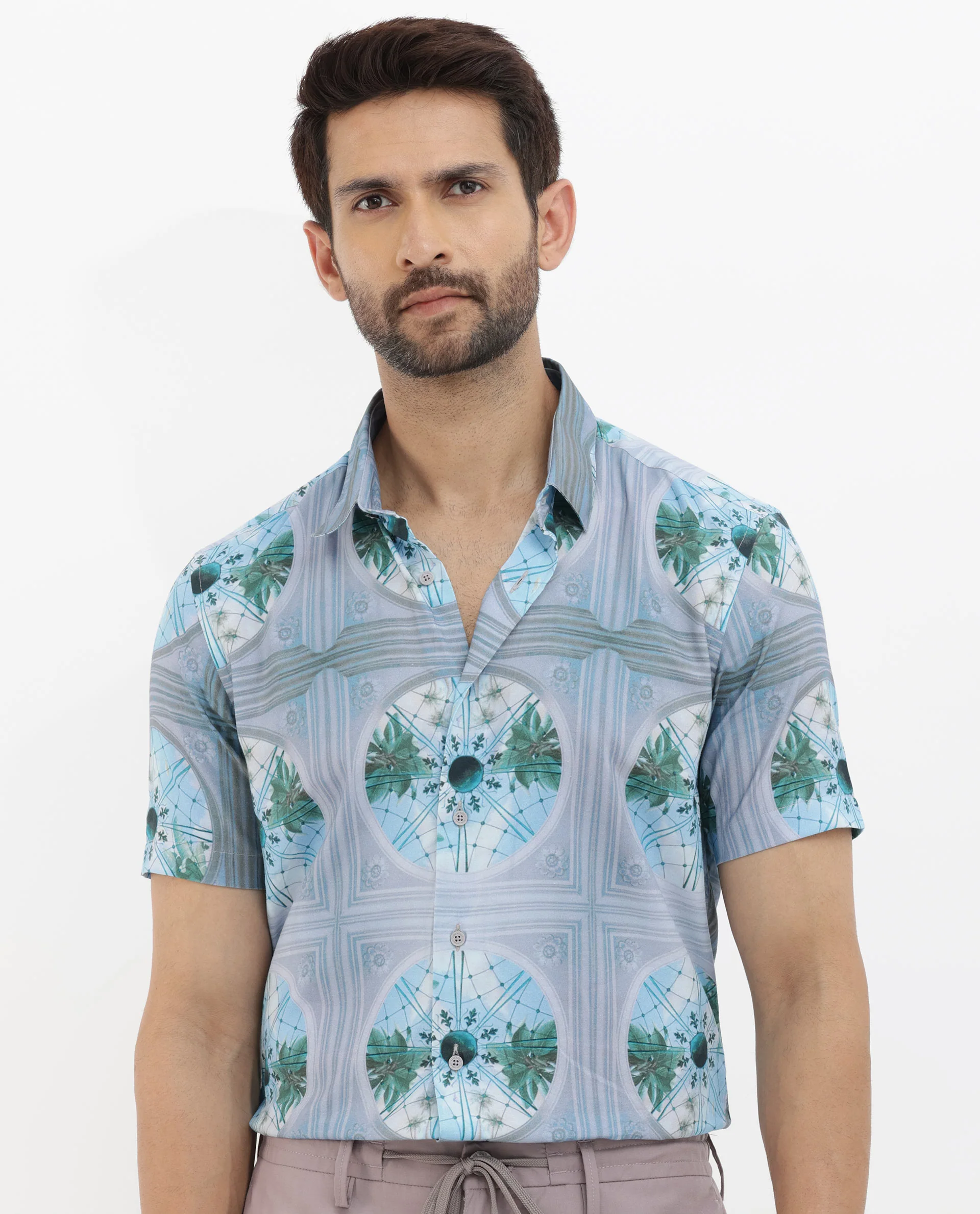 Rare Rabbit Men's Idris Pastel Purple Cotton Abstract Print Boxy Fit Half Sleeve Collared Shirt - Image 6