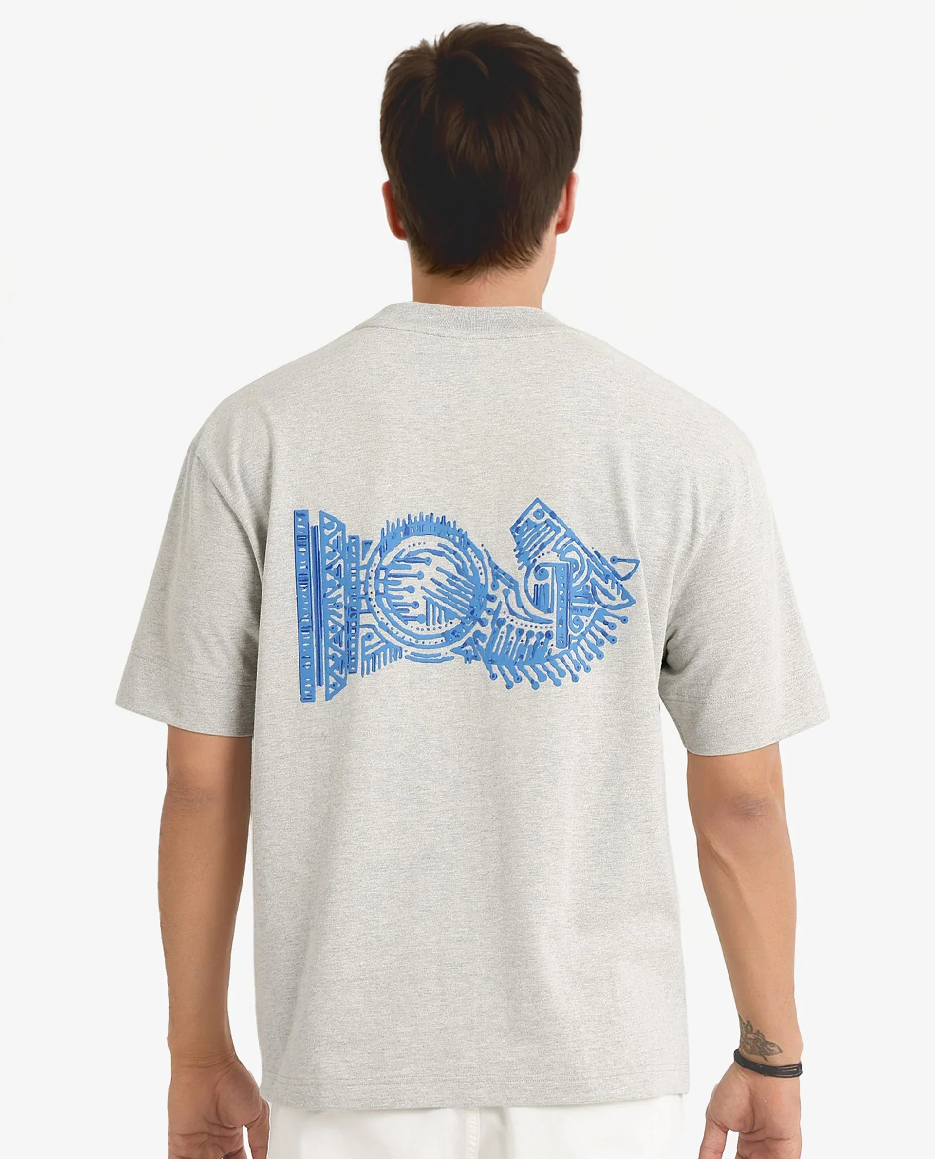Rare Rabbit Men's Ight Melange Grey Cotton Graphic Print Oversized Fit Half Sleeve Crew Neck T-Shirt - Image 2
