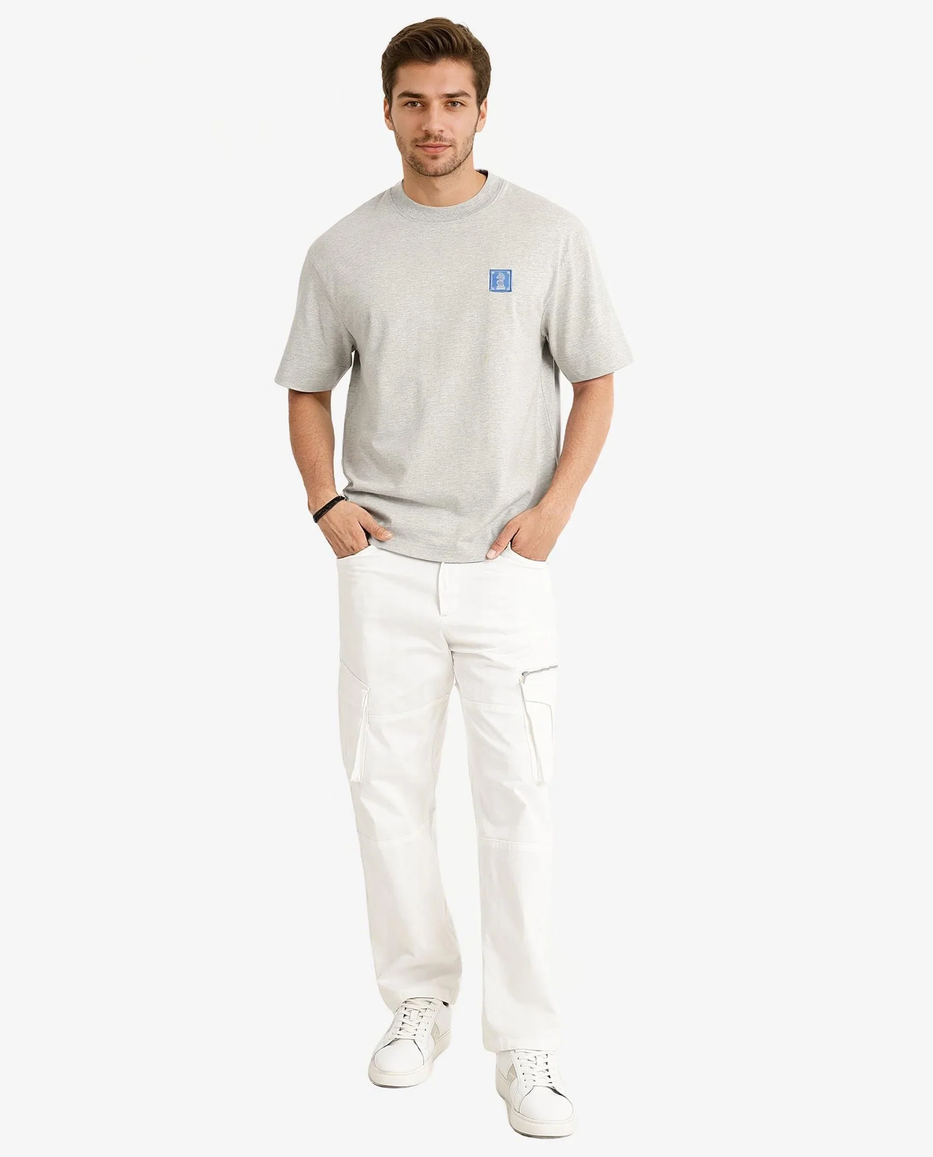 Rare Rabbit Men's Ight Melange Grey Cotton Graphic Print Oversized Fit Half Sleeve Crew Neck T-Shirt - Image 3