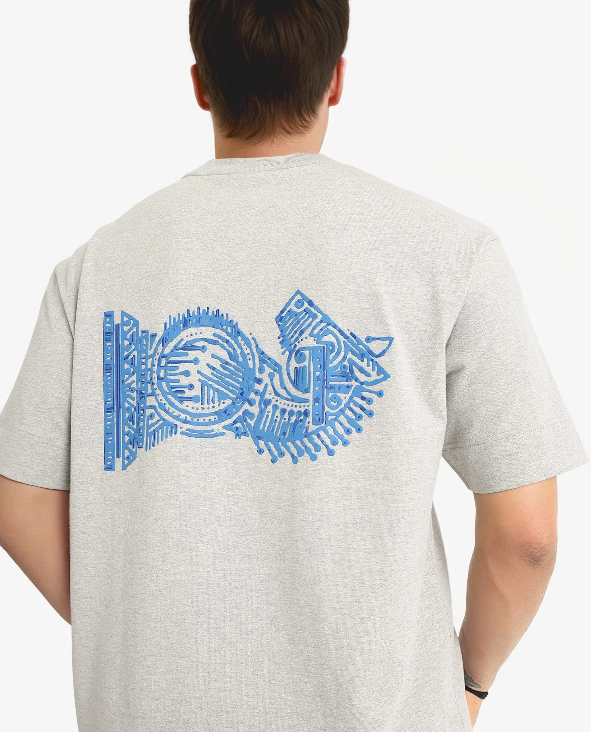 Rare Rabbit Men's Ight Melange Grey Cotton Graphic Print Oversized Fit Half Sleeve Crew Neck T-Shirt - Image 4
