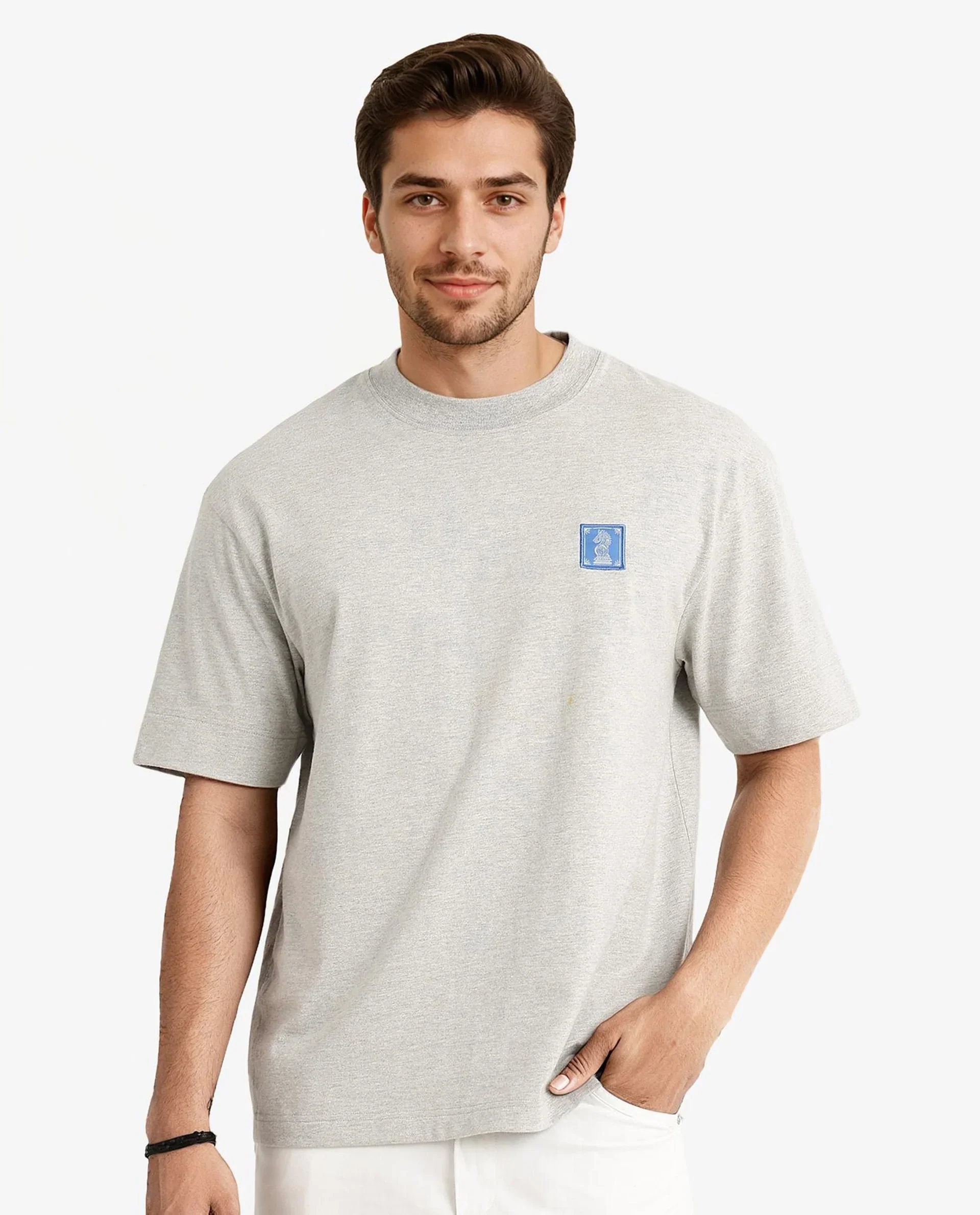 Rare Rabbit Men's Ight Melange Grey Cotton Graphic Print Oversized Fit Half Sleeve Crew Neck T-Shirt - Image 5