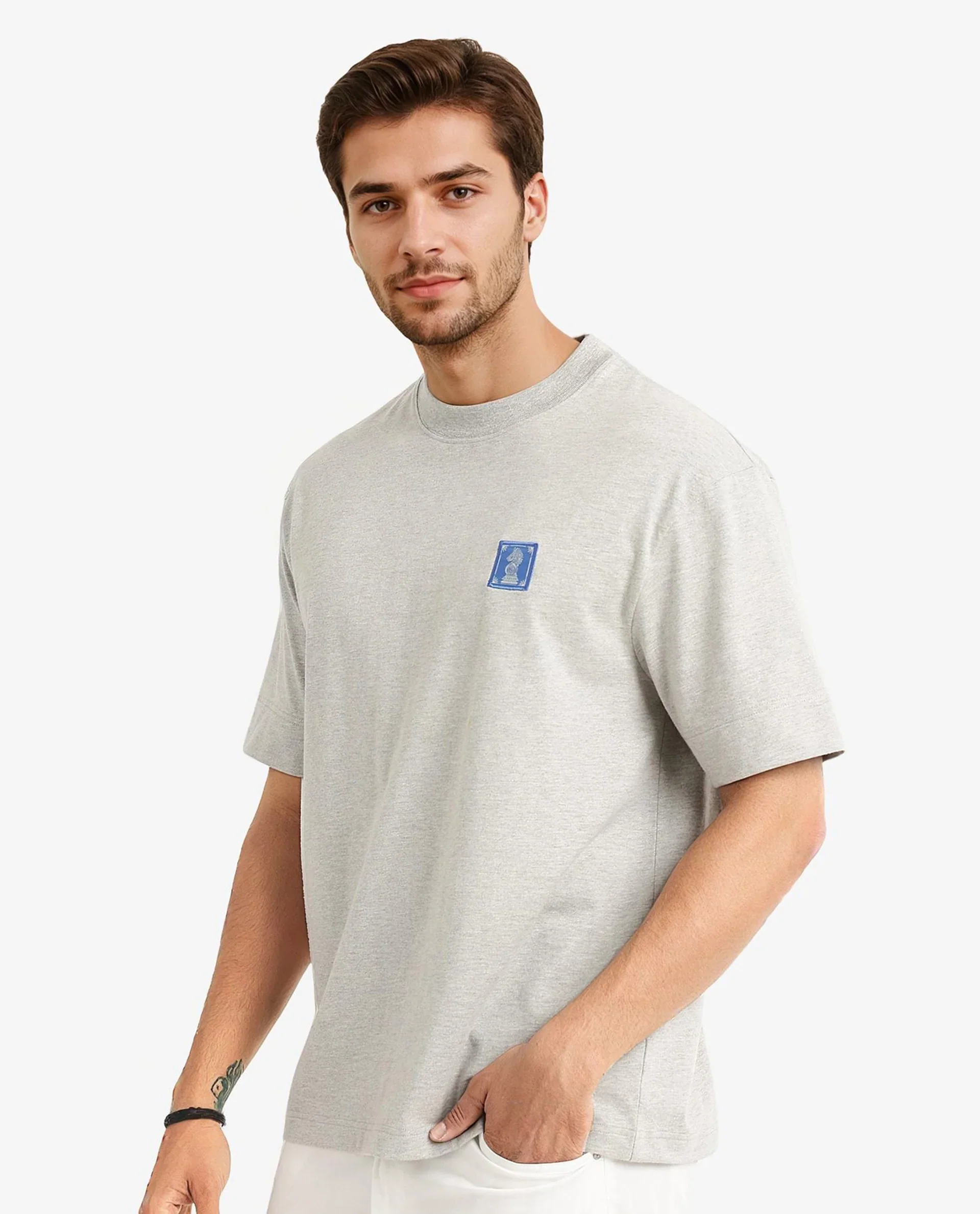 Rare Rabbit Men's Ight Melange Grey Cotton Graphic Print Oversized Fit Half Sleeve Crew Neck T-Shirt - Image 6