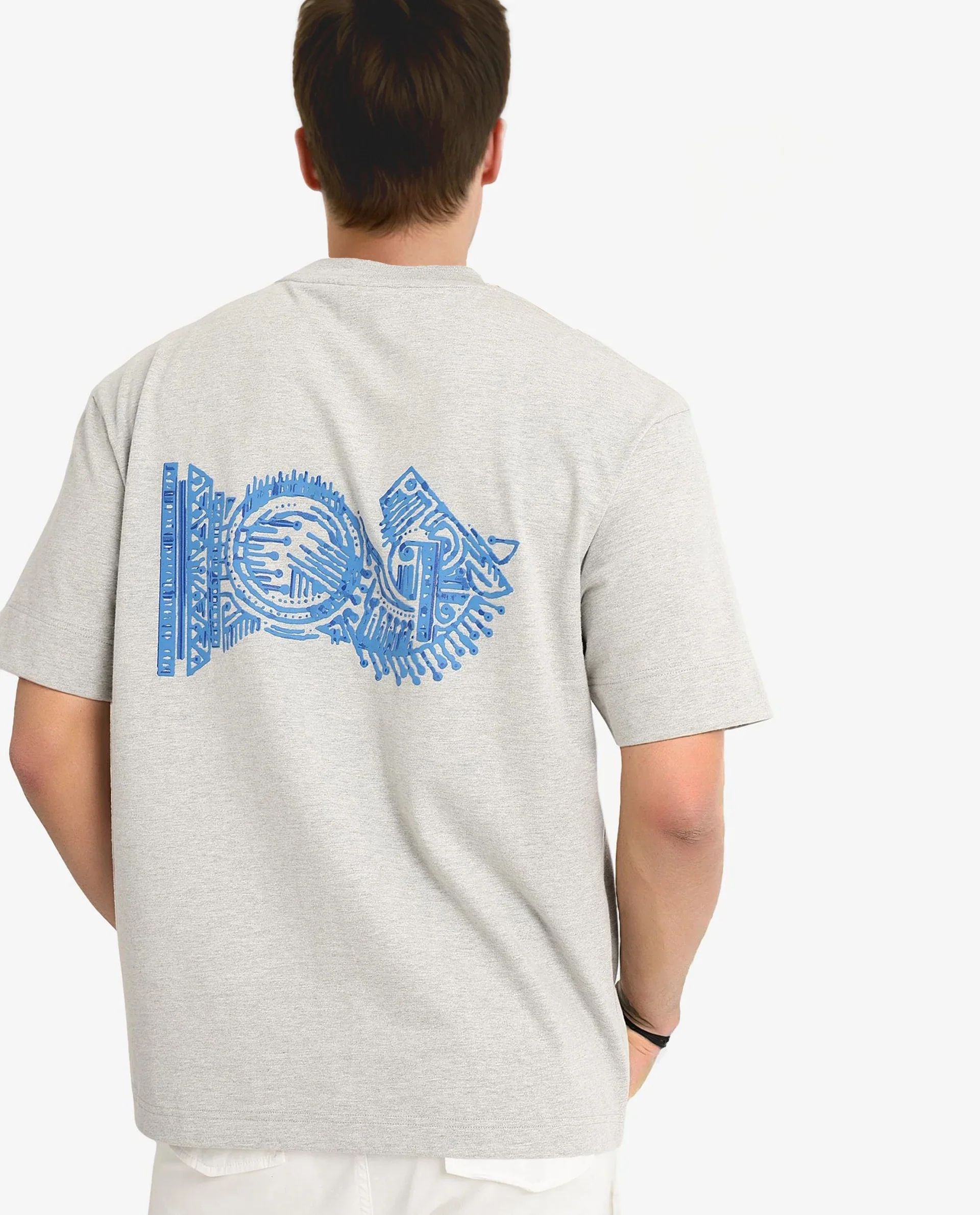 Rare Rabbit Men's Ight Melange Grey Cotton Graphic Print Oversized Fit Half Sleeve Crew Neck T-Shirt - Image 8