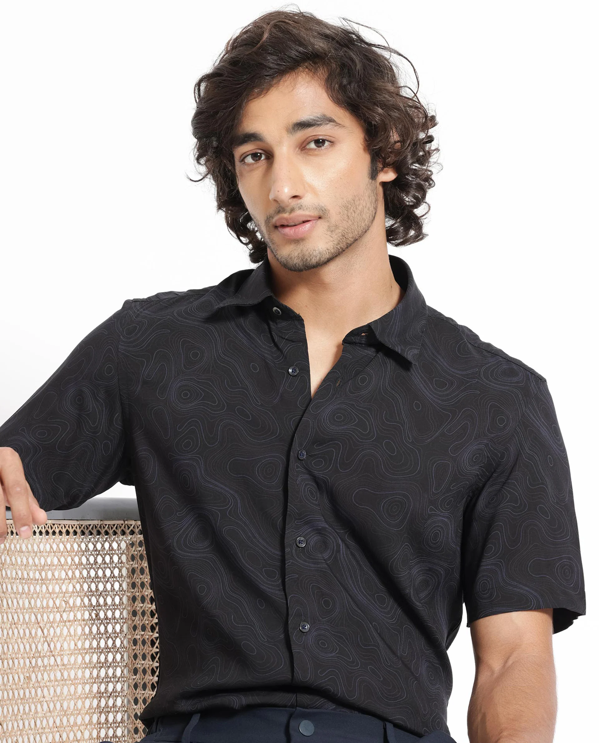 Rare Rabbit Men's Ignitee Ss Black Cotton Abstract Print Regular Fit Half Sleeve Collared Shirt