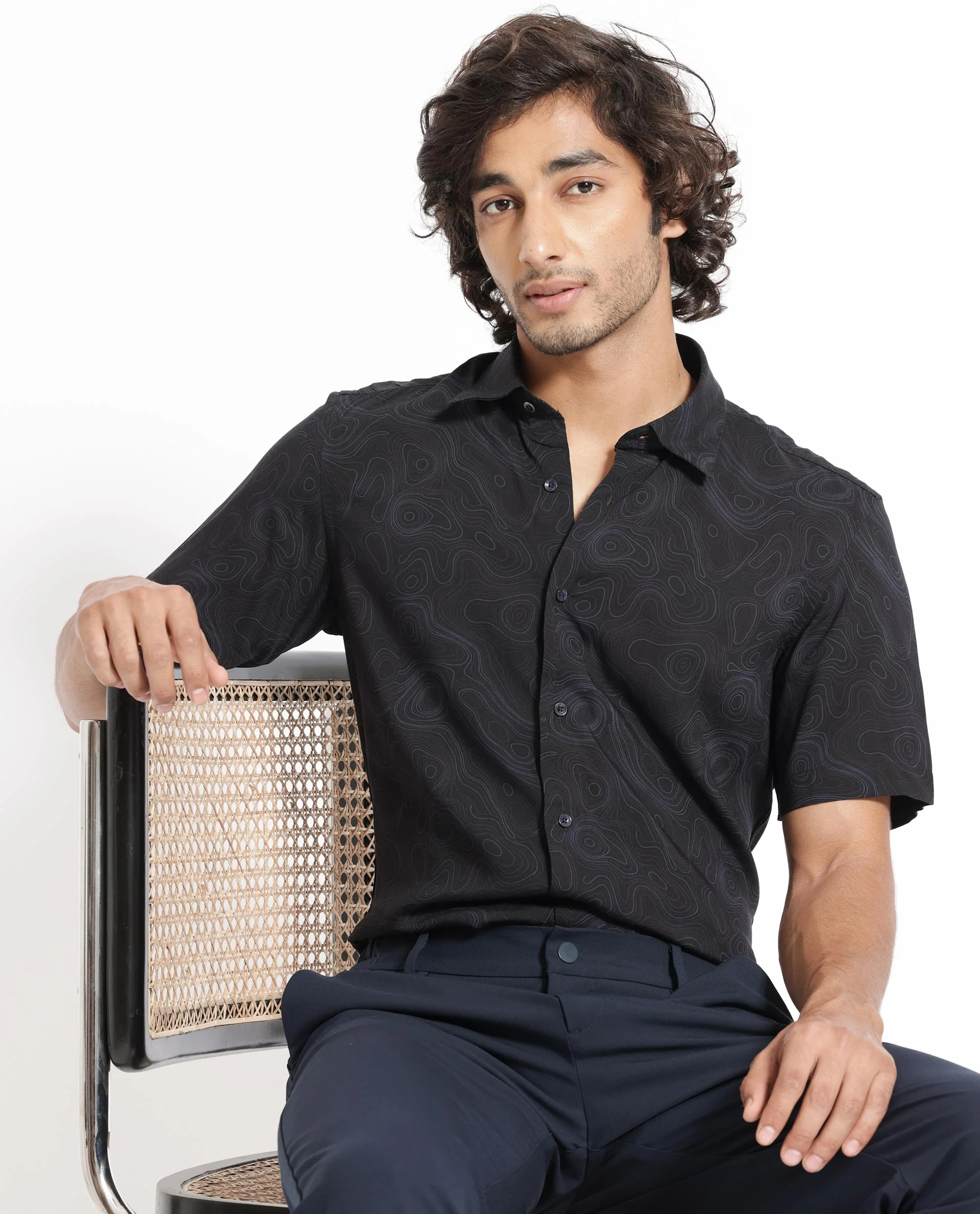 Rare Rabbit Men's Ignitee Ss Black Cotton Abstract Print Regular Fit Half Sleeve Collared Shirt - Image 3