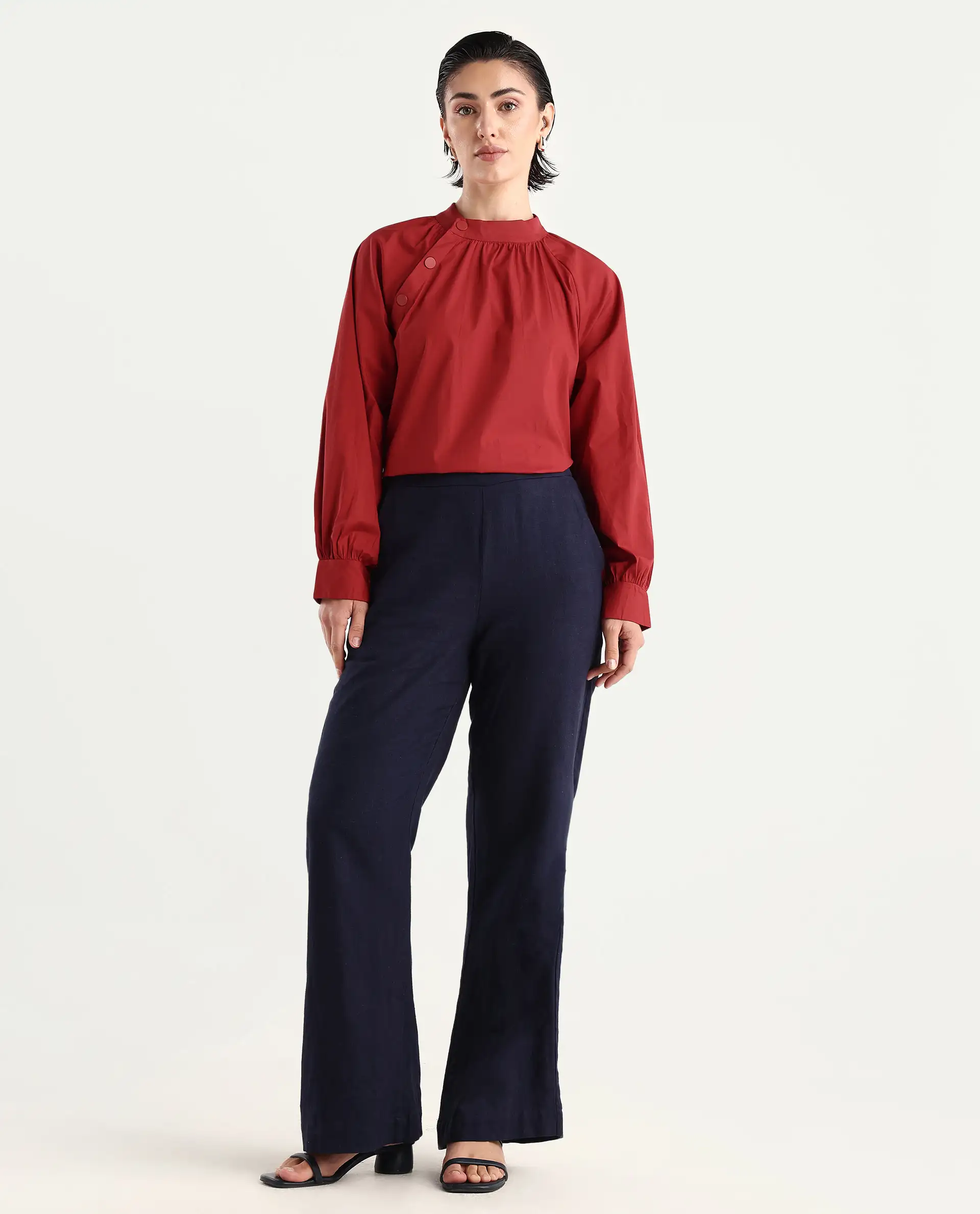 Rareism Women's Ihit Red Cotton Blend High Neck Plain Bishop Sleeve Relaxed Fit Top - Image 2