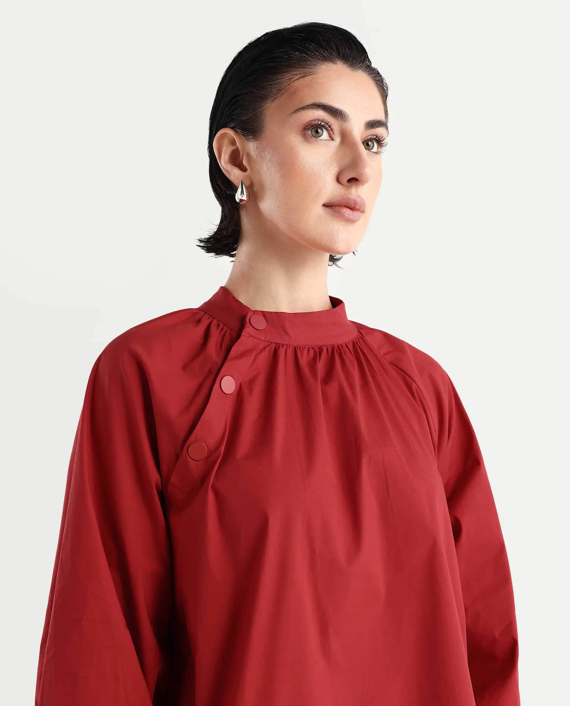 Rareism Women's Ihit Red Cotton Blend High Neck Plain Bishop Sleeve Relaxed Fit Top - Image 3