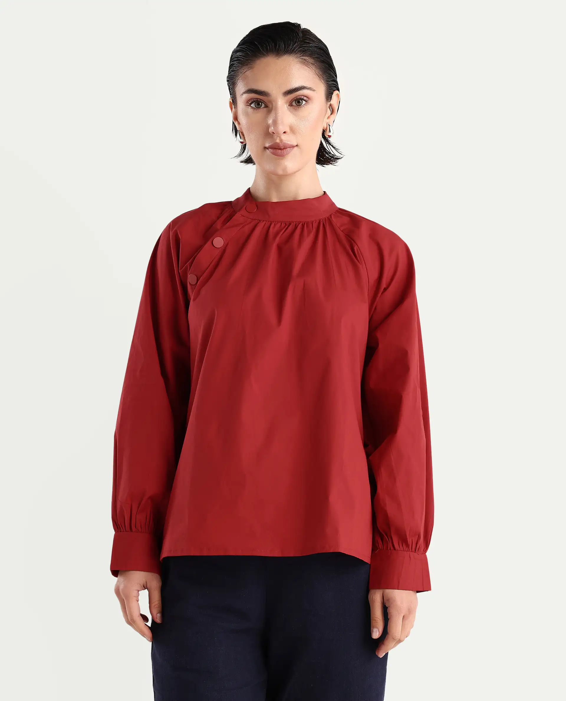 Rareism Women's Ihit Red Cotton Blend High Neck Plain Bishop Sleeve Relaxed Fit Top - Image 4
