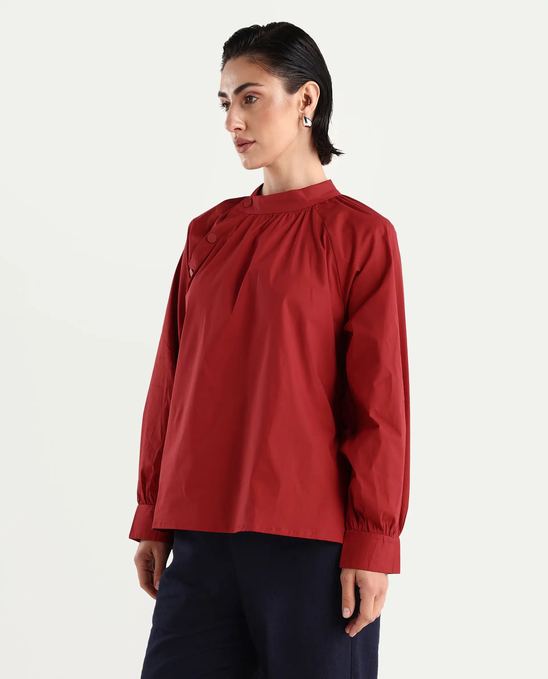 Rareism Women's Ihit Red Cotton Blend High Neck Plain Bishop Sleeve Relaxed Fit Top - Image 5