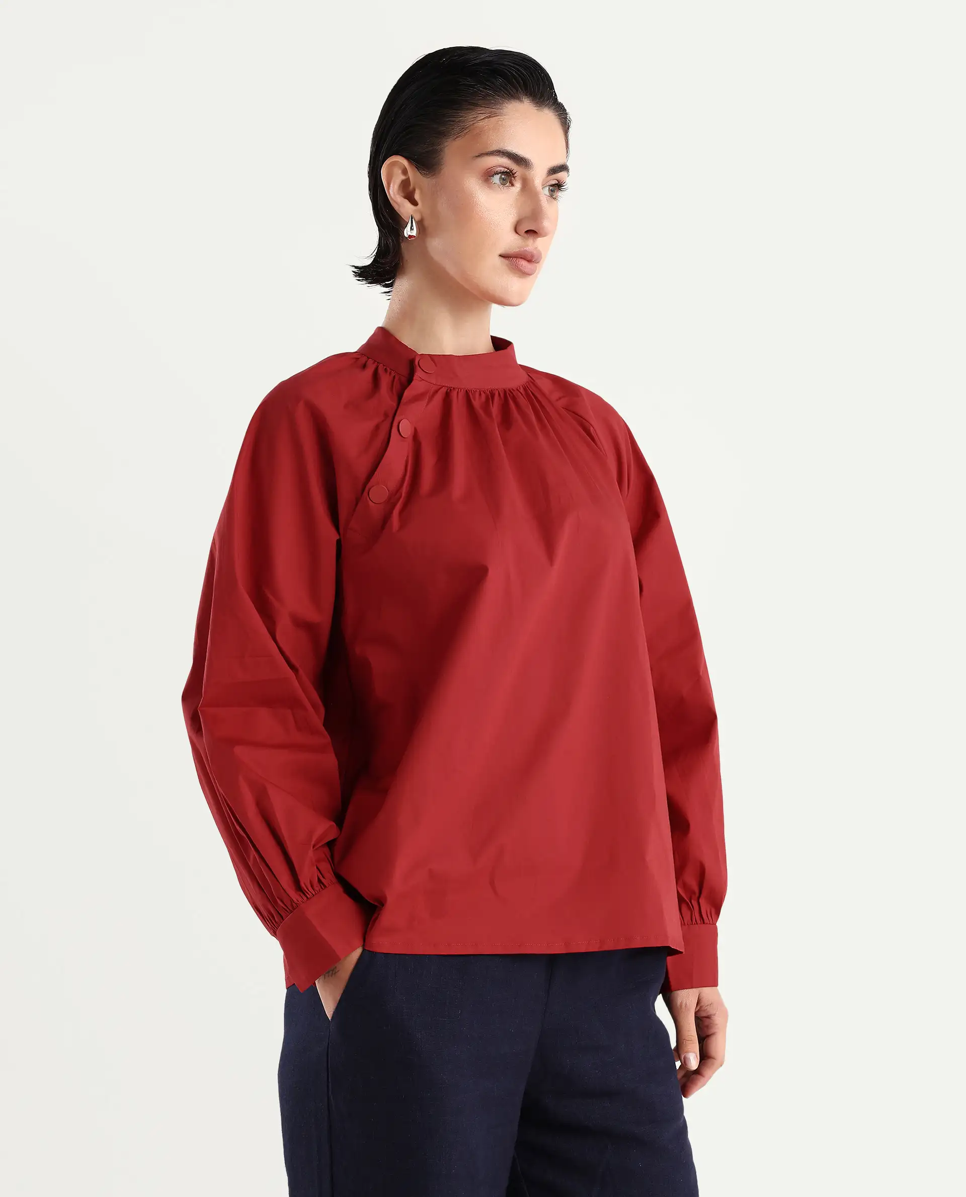 Rareism Women's Ihit Red Cotton Blend High Neck Plain Bishop Sleeve Relaxed Fit Top - Image 6