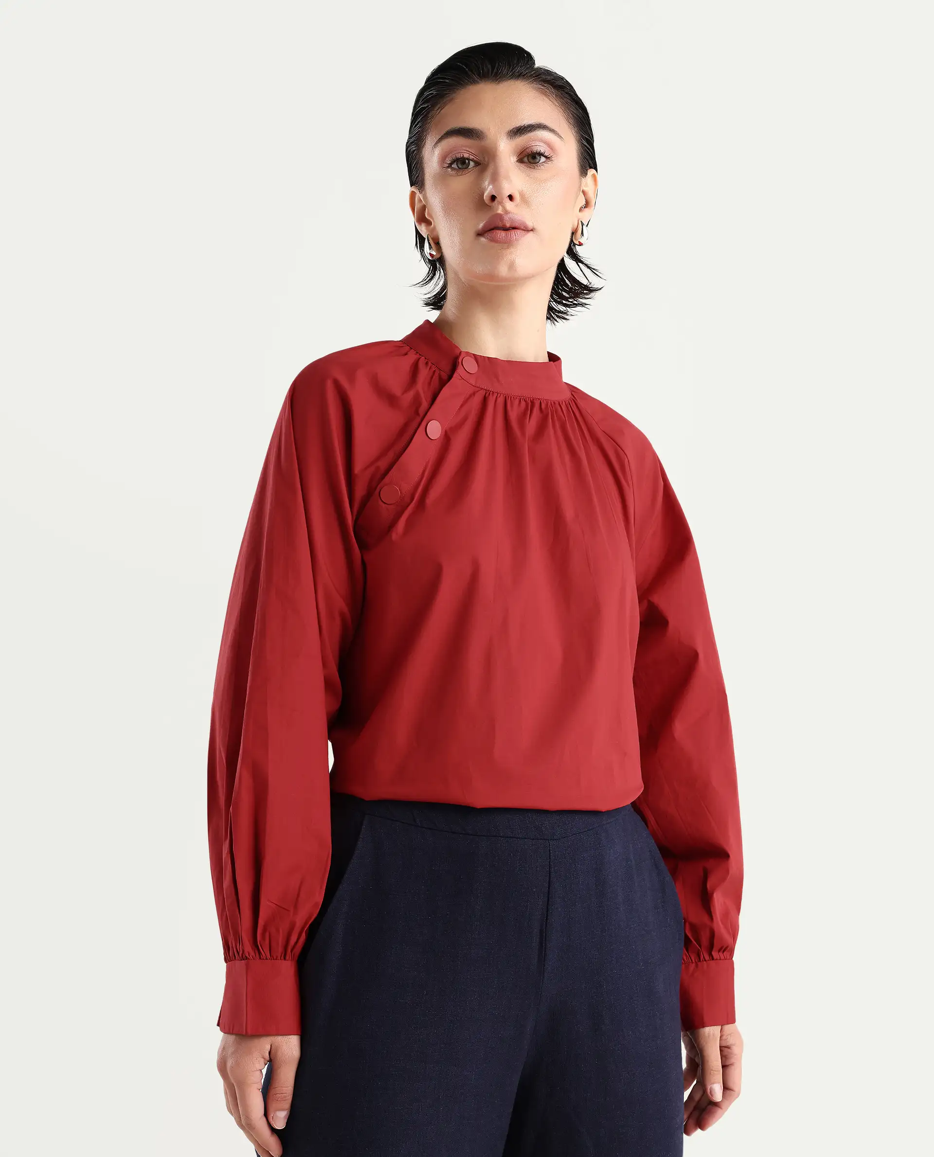 Rareism Women's Ihit Red Cotton Blend High Neck Plain Bishop Sleeve Relaxed Fit Top - Image 7