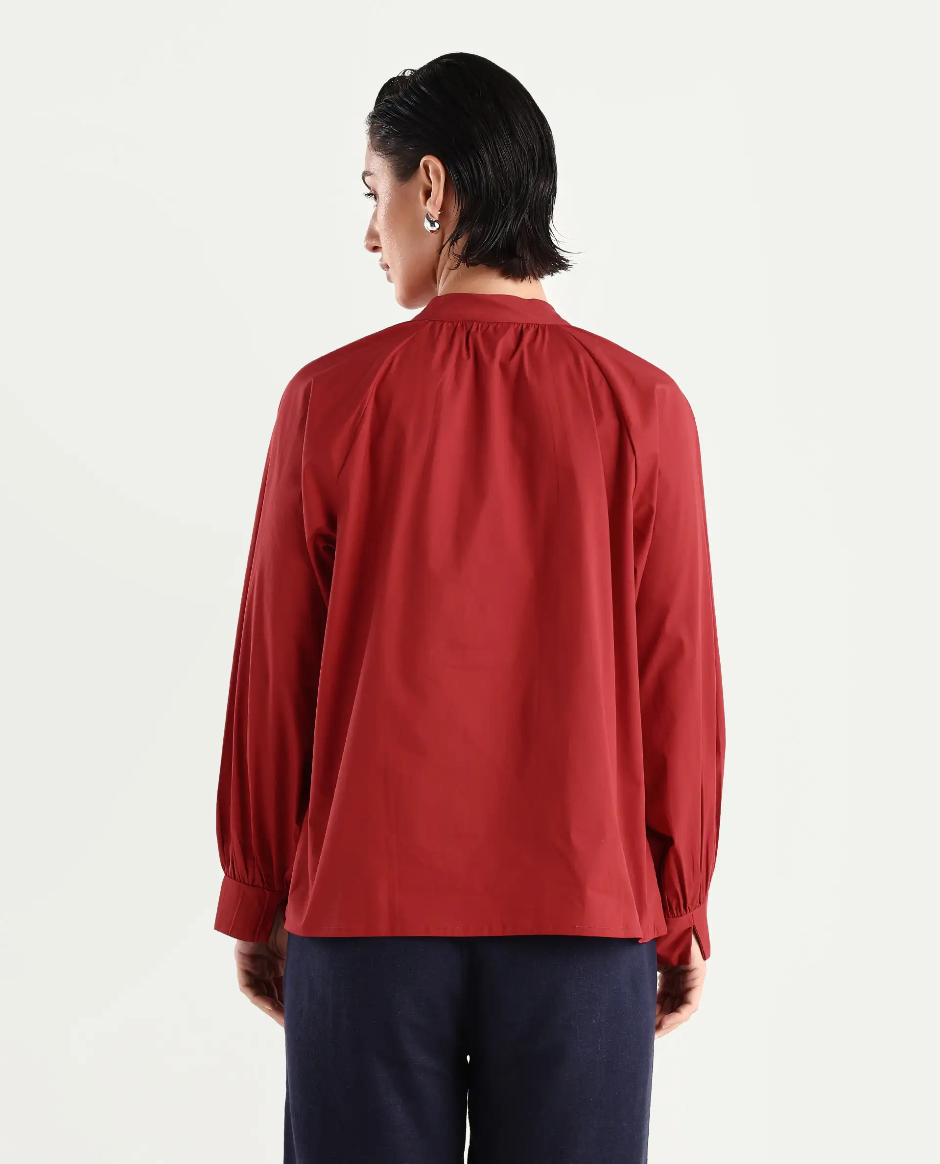 Rareism Women's Ihit Red Cotton Blend High Neck Plain Bishop Sleeve Relaxed Fit Top - Image 8