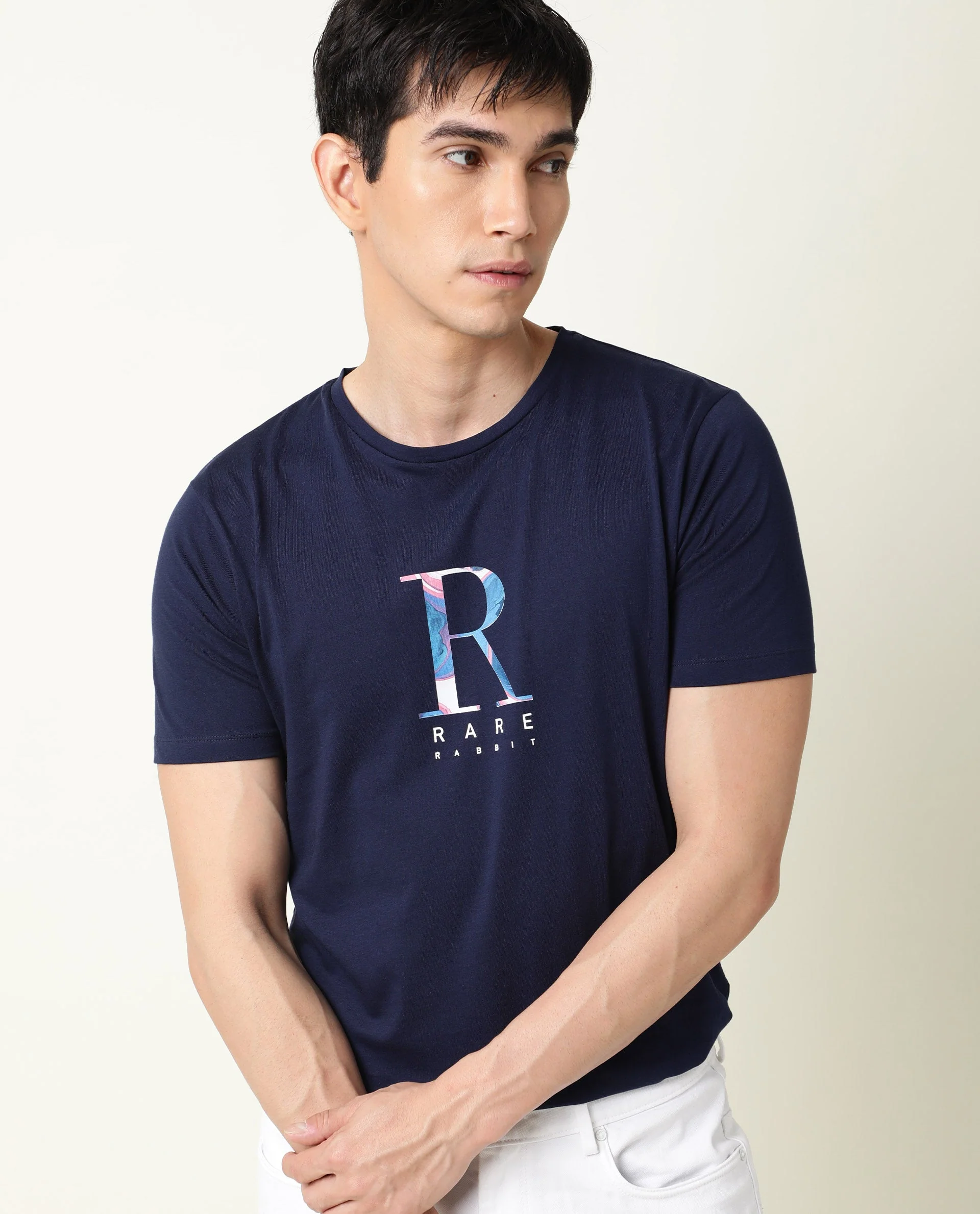 Rare Rabbit Men's Illum Blue Cotton Printed Slim Fit Half Sleeve Crew Neck T-Shirt