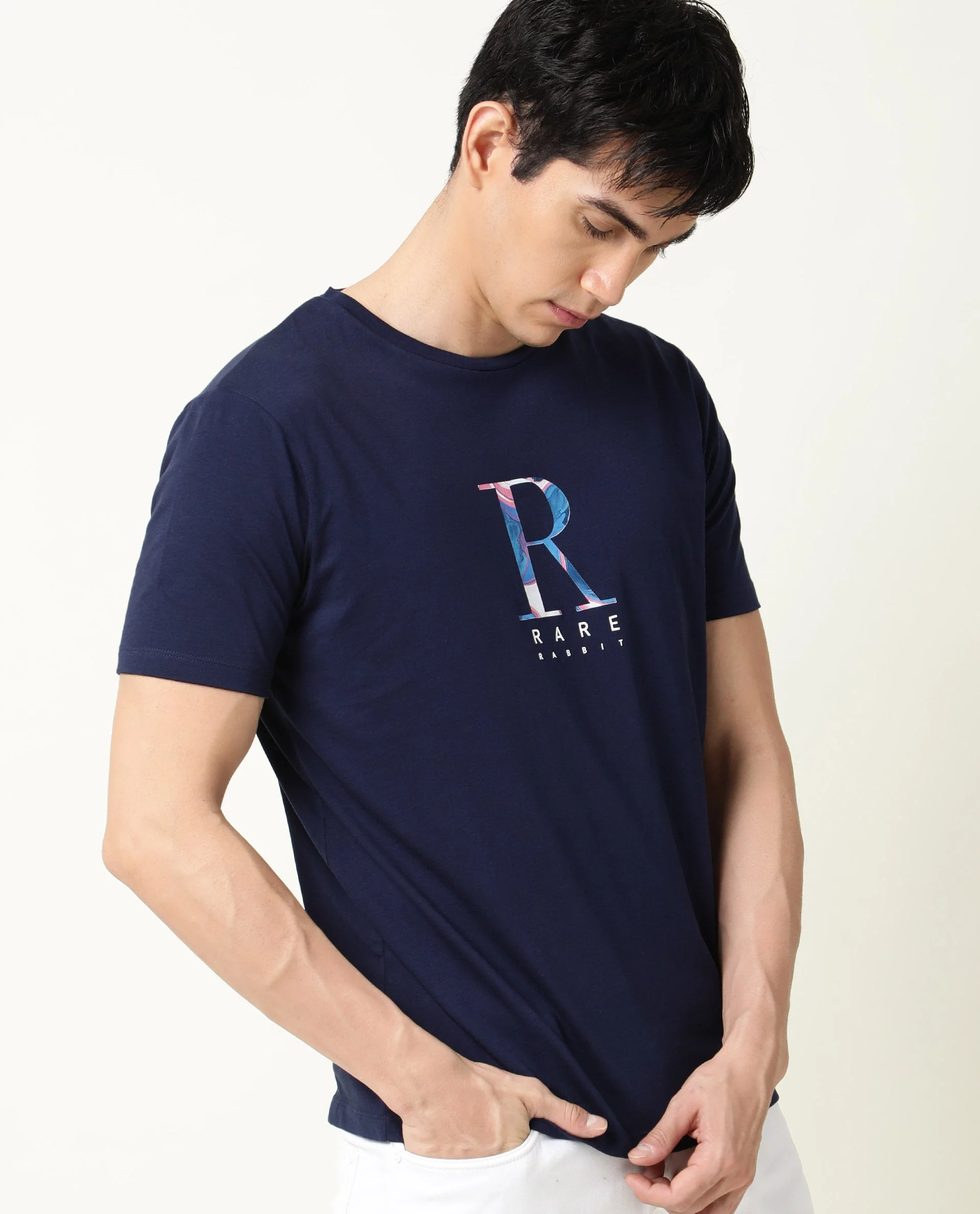 Rare Rabbit Men's Illum Blue Cotton Printed Slim Fit Half Sleeve Crew Neck T-Shirt - Image 3