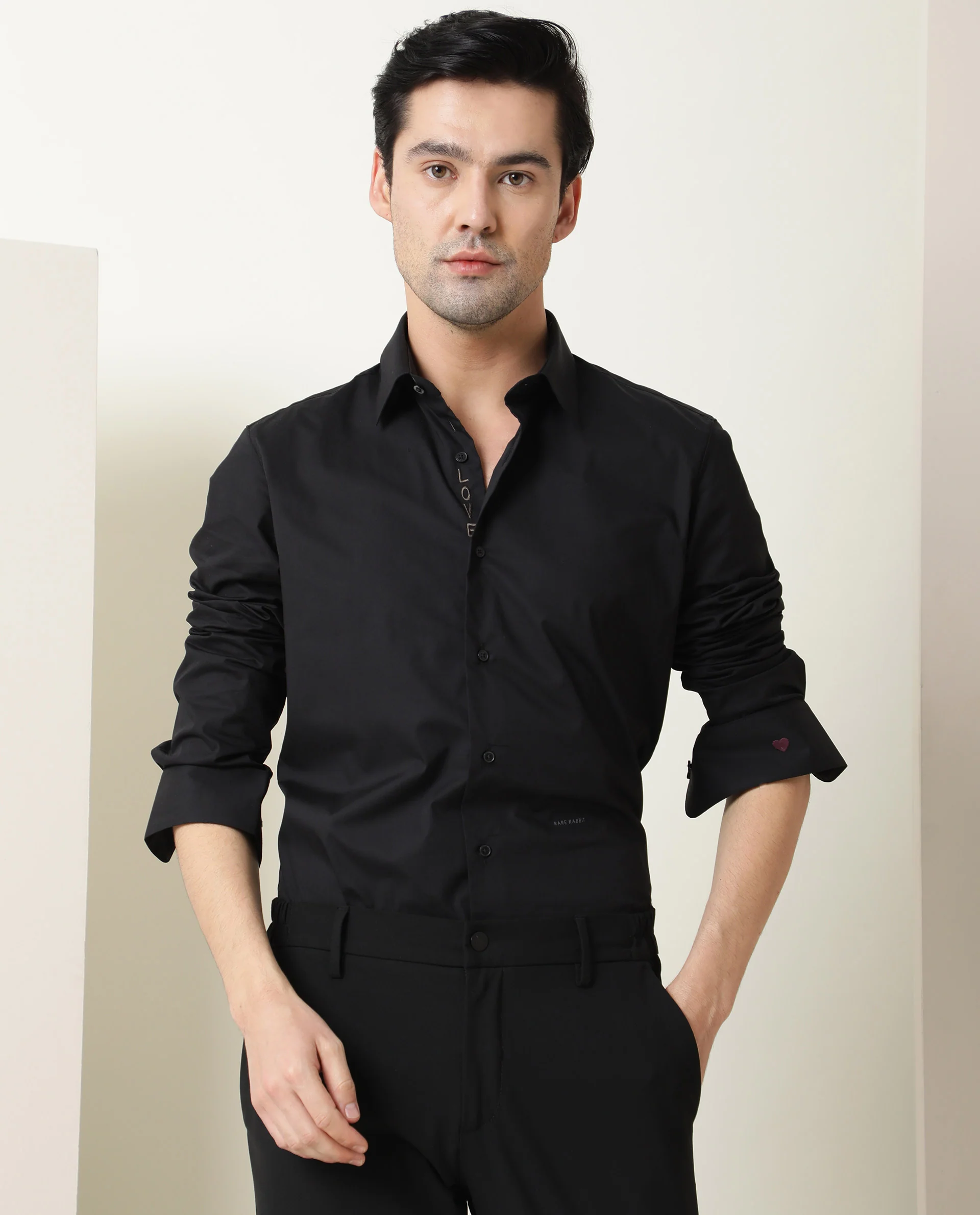 Rare Rabbit Men's I Love You Black Cotton Embroidered Regular Fit Full Sleeve Collared Shirt - Image 4