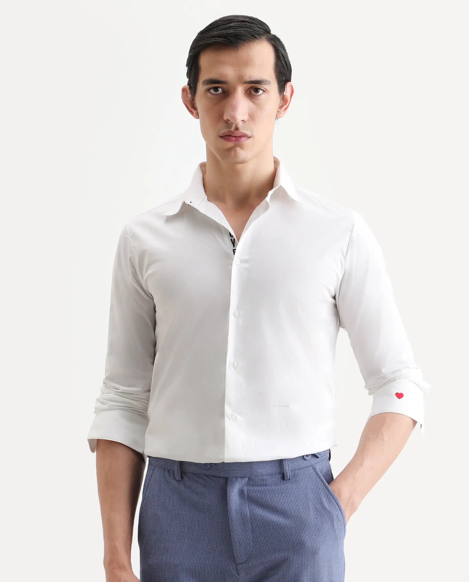 Rare Rabbit Men's I Love U White Cotton Embroidered Regular Fit Full Sleeve Collared Shirt - Image 3